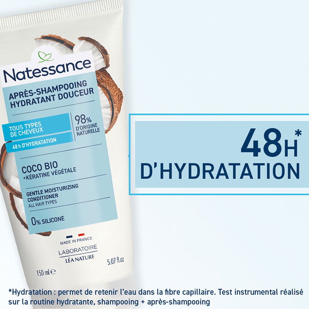 Ausschnitt der Tube. Text: 48h D'Hydratation. Natessance, Après-Shampooing, Coco Bio, Kératine Végétale. 150 ml.