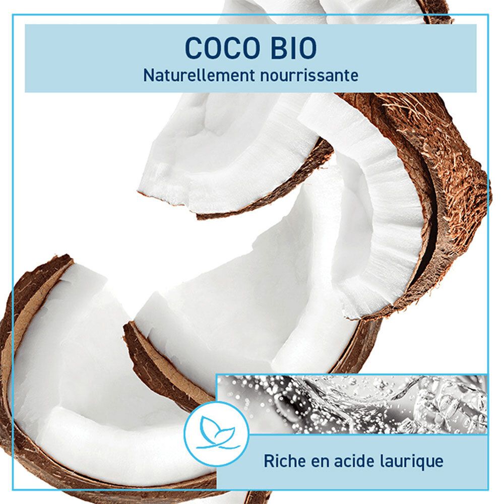 Fragment de noix de coco et eau. Texte: Coco Bio, naturellement nourrissante, riche en acide laurique.