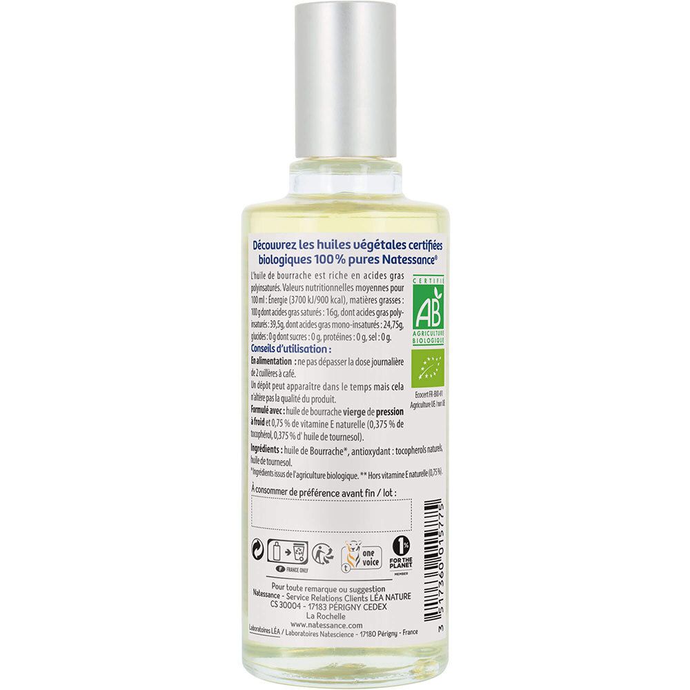 Rückseite der Ölflasche. Textinformationen, Inhaltsstoffe, Nährwertangaben. AB-Bio-Siegel.