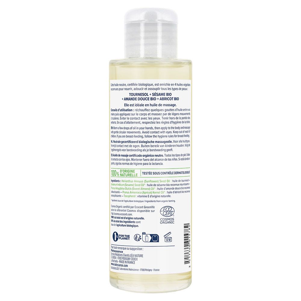 Rückseite der Flasche. Text in Französisch über Inhaltsstoffe, Anwendung und Zertifizierungen. Bio-Zertifizierungslogo.