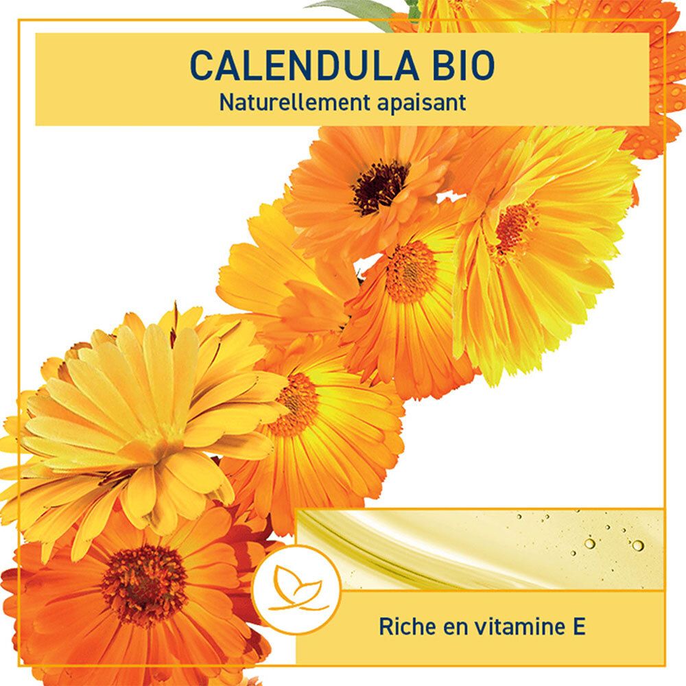Gros plan sur des fleurs de calendula jaunes et de l'huile. Texte: Calendula Bio, naturellement apaisant. Riche en vitamine E.