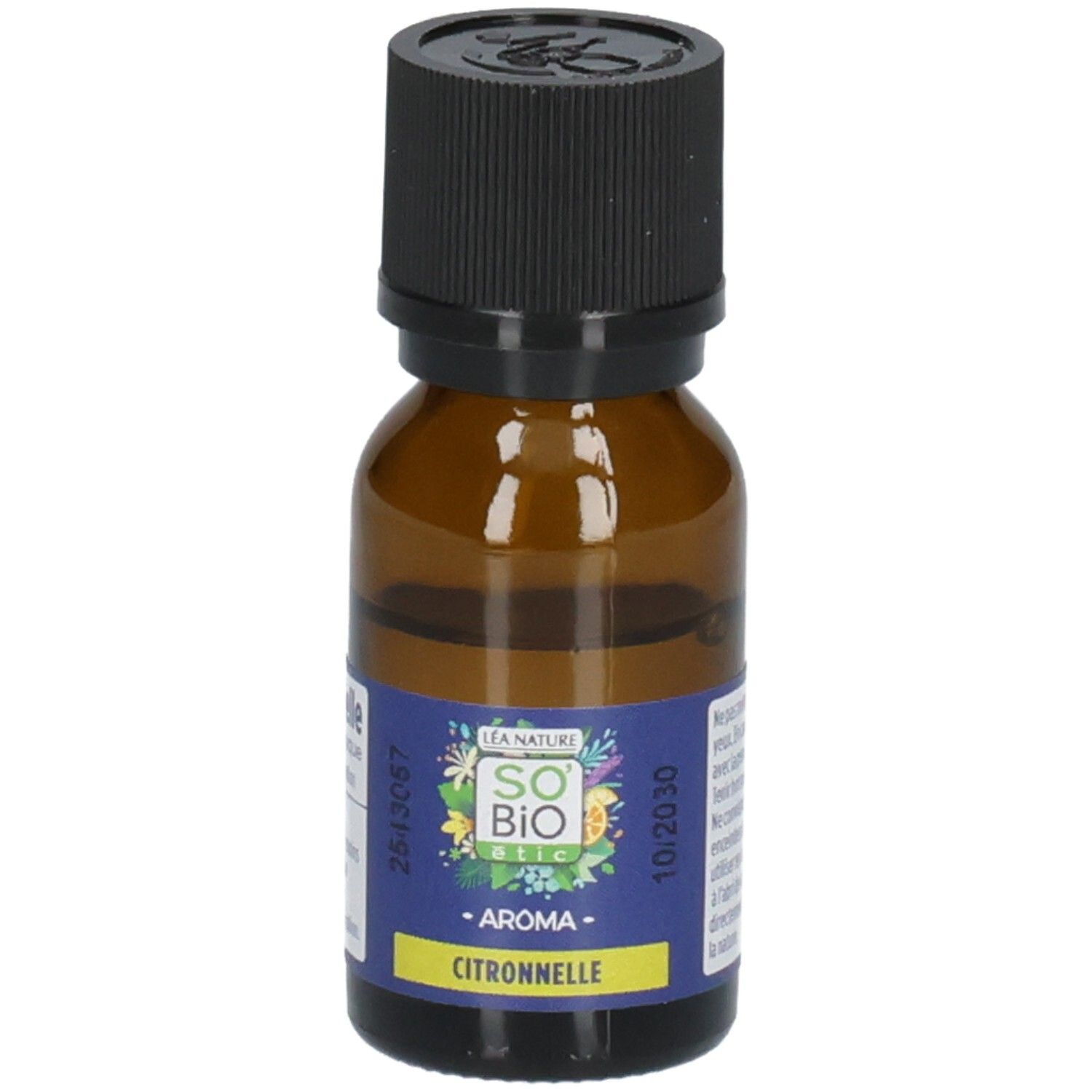 So' Bio Etic Aroma Citronnelle ätherisches Öl in Braunglasflasche mit schwarzem Schraubverschluss.