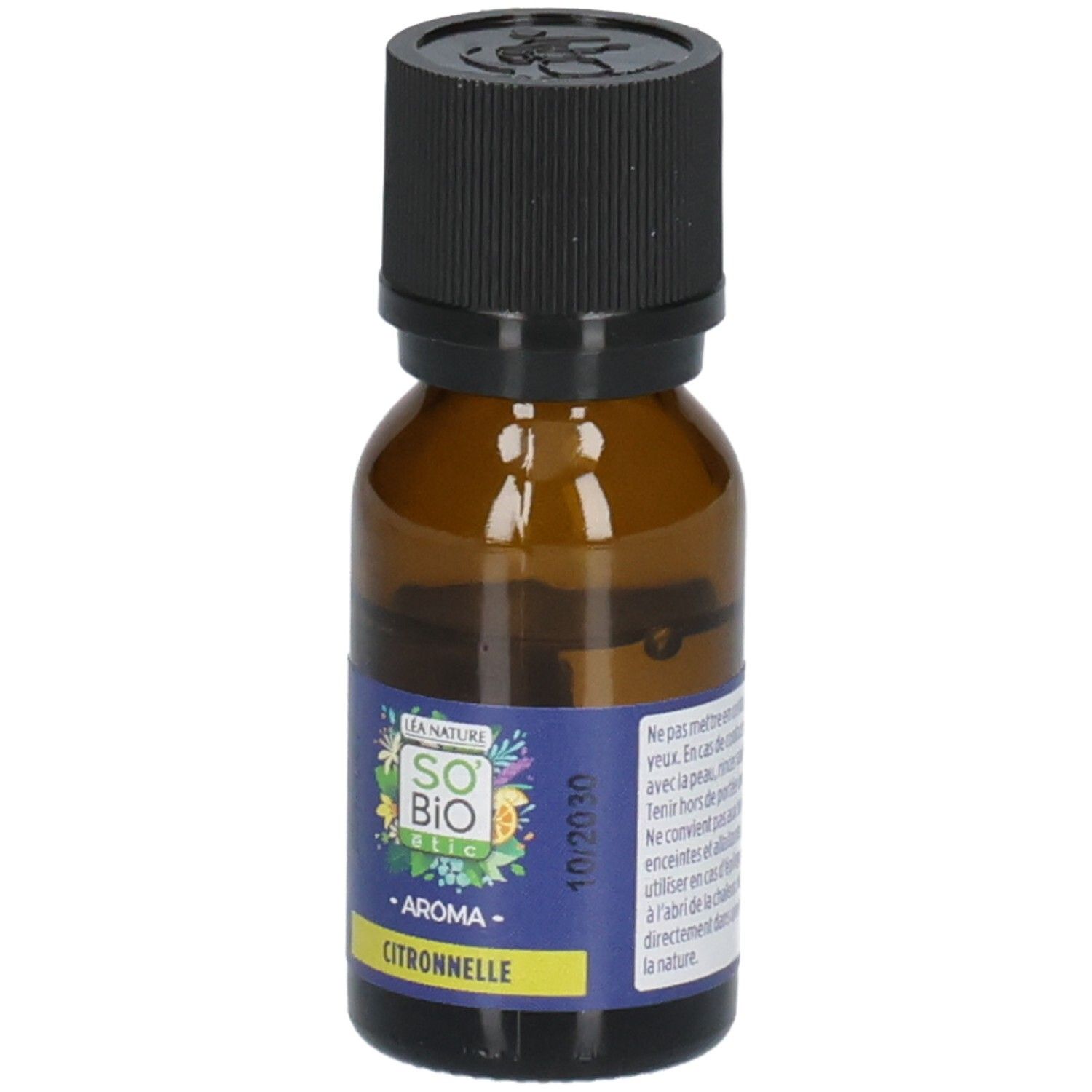 So' Bio Etic Aroma Citronnelle ätherisches Öl Flasche mit Etikett.