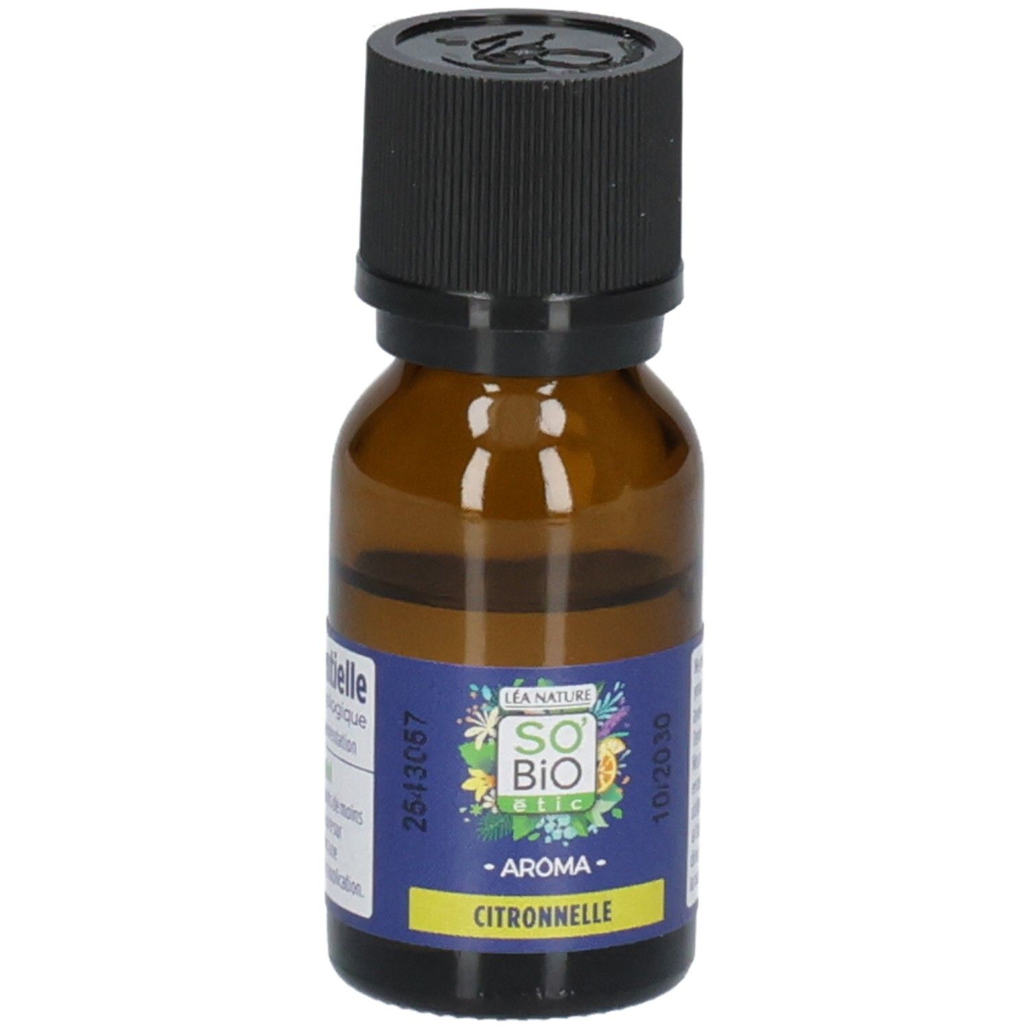 Nahaufnahme des Etiketts der So' Bio Etic Aroma Citronnelle Flasche.
