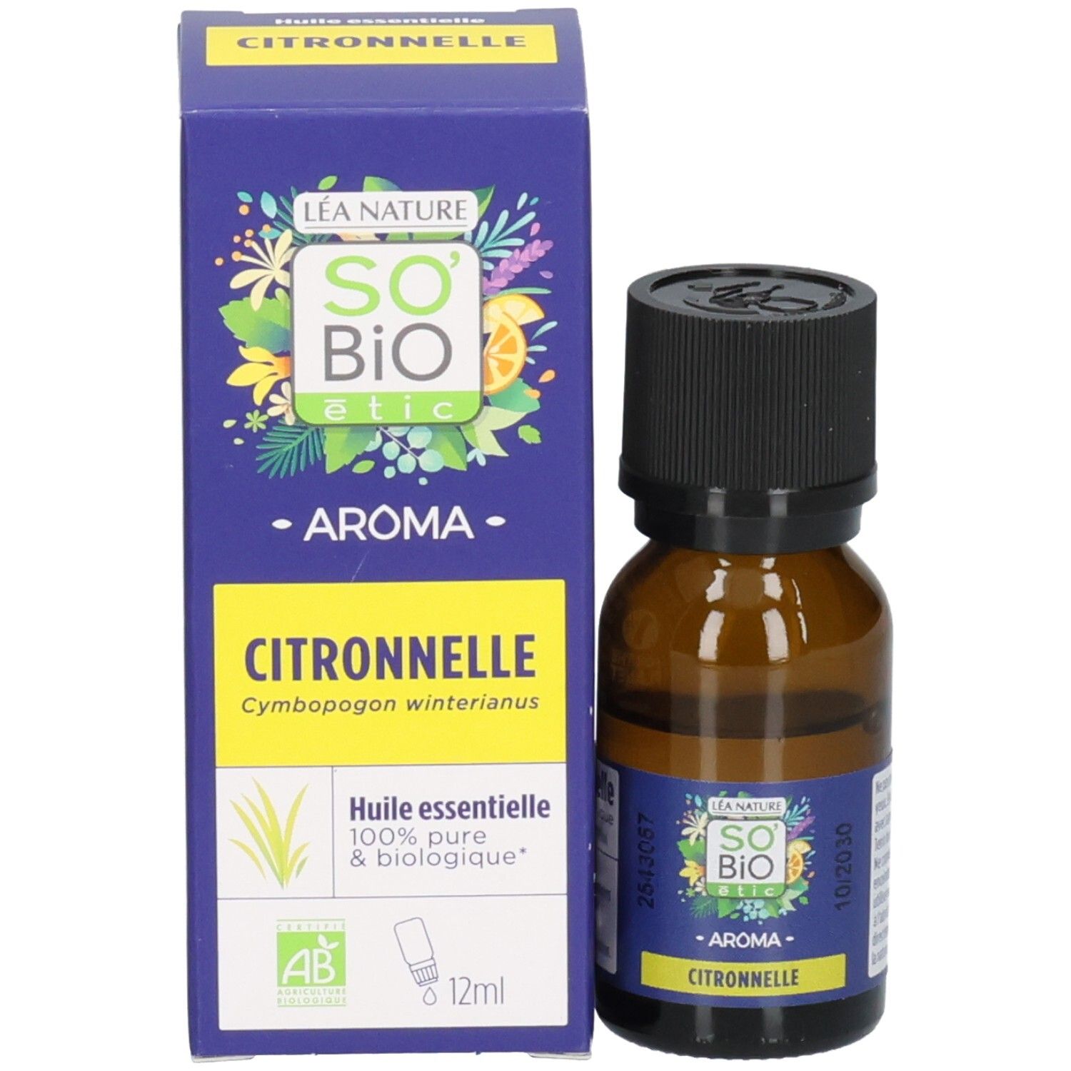 So' Bio Etic Aroma Citronnelle ätherisches Öl Flasche und Verpackung.