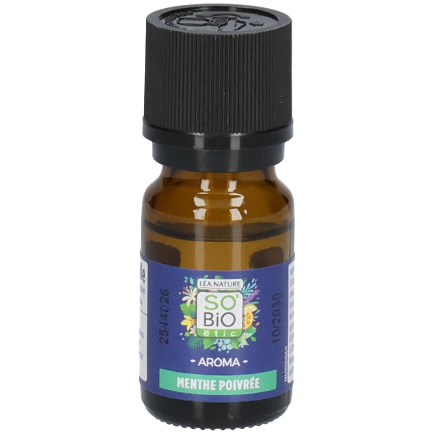 Braune Glasflasche mit schwarzem Deckel, Etikett mit "So' Bio Etic Aroma Menthe Poivrée".