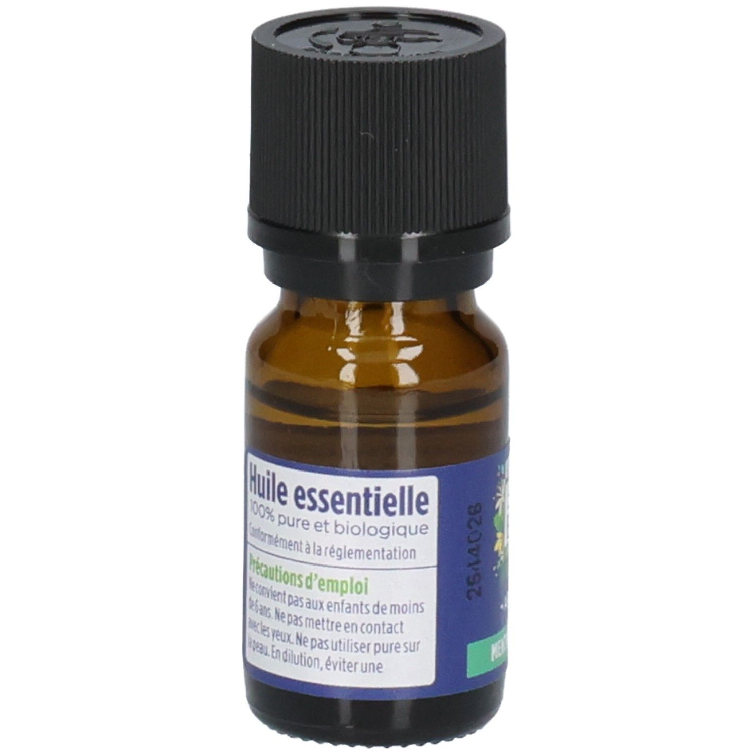 Rückseite einer Flasche mit Etikett "Huile essentielle 100% pure et biologique".