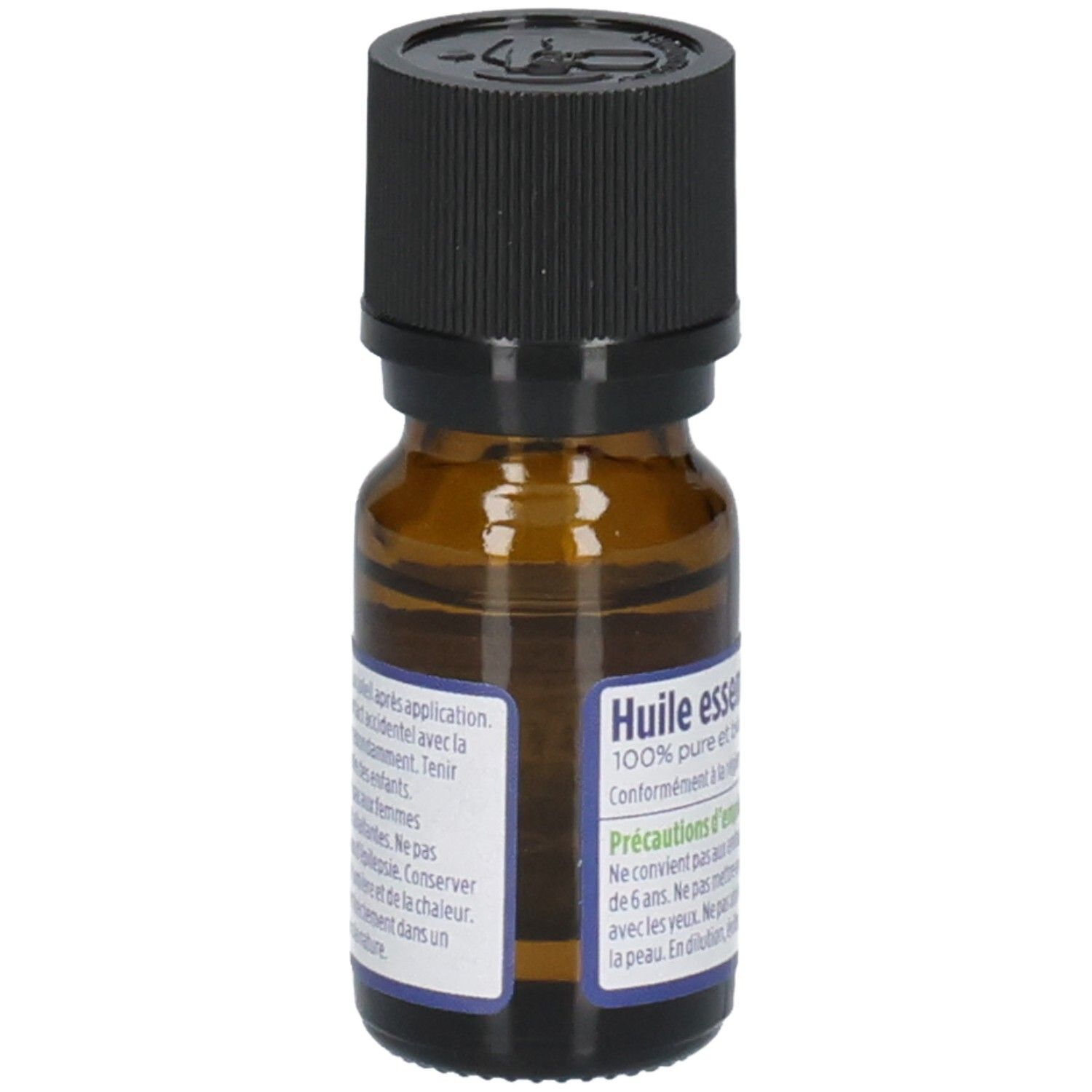 Seitenansicht einer Flasche mit Etikett "Huile essentielle 100% pure et biologique".