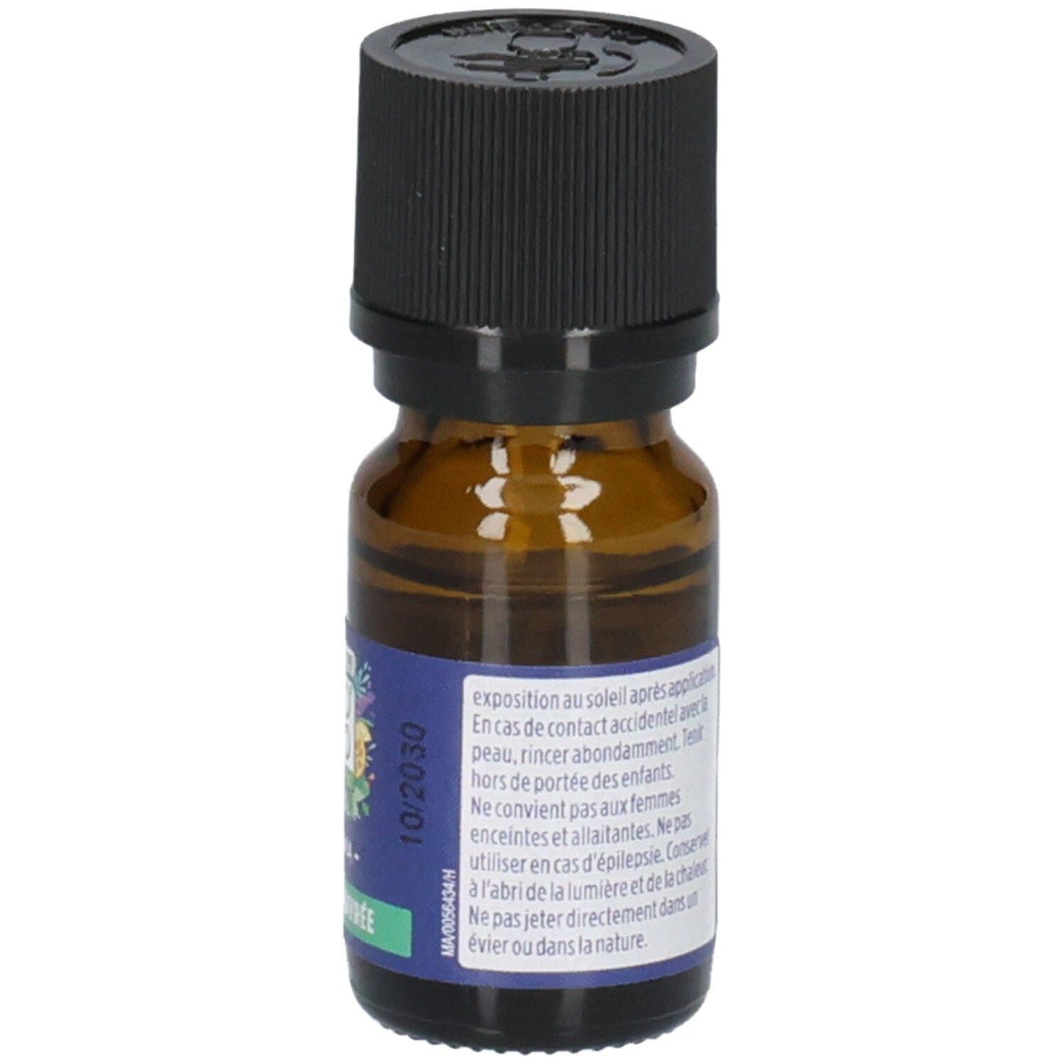 Rückseite einer Flasche mit Etikett, "Menthe Poivrée" und Warnhinweisen.