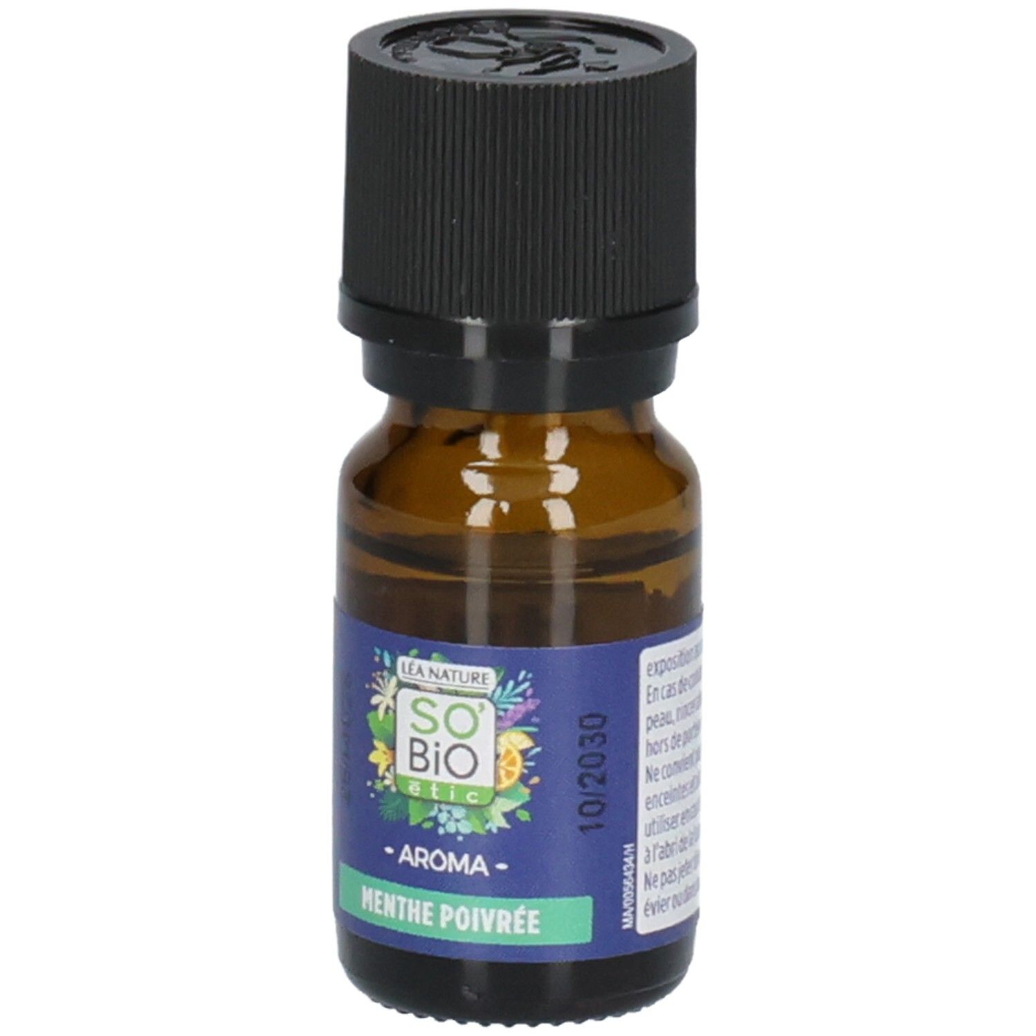 Flasche mit Etikett "So' Bio Etic Aroma Menthe Poivrée", seitliche Ansicht.