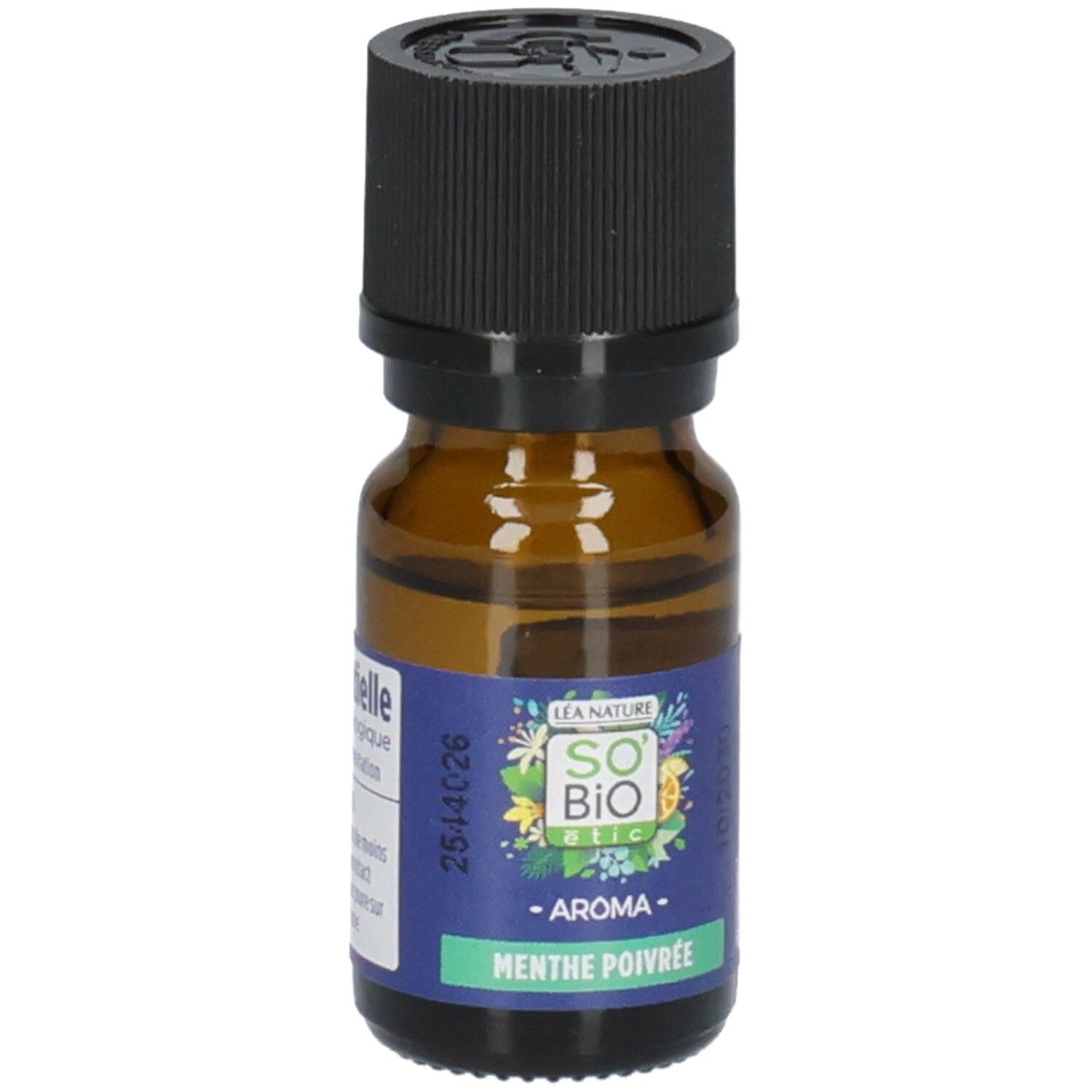 Flasche mit Etikett "So' Bio Etic Aroma Menthe Poivrée", Vorderseite.
