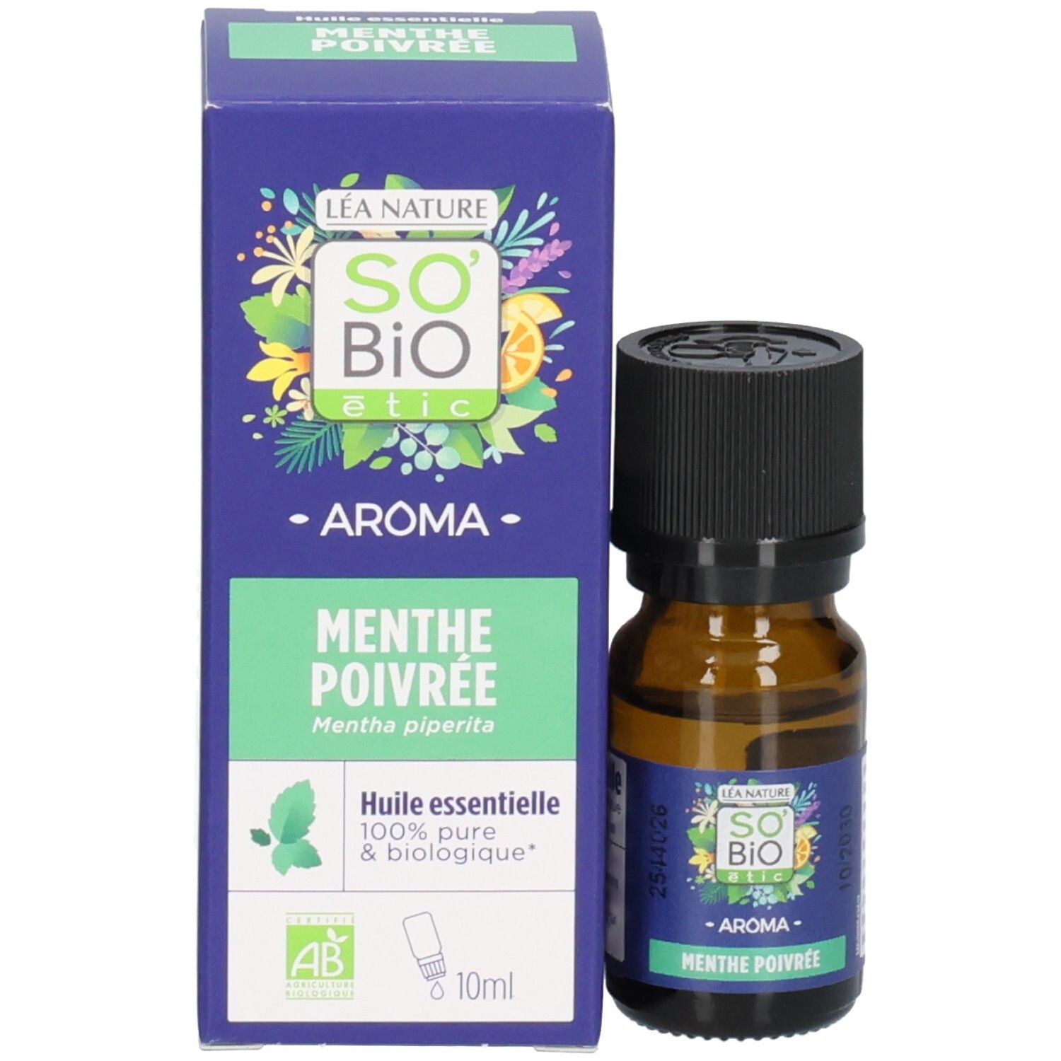 Flasche und Schachtel "So' Bio Etic Aroma Menthe Poivrée", 10ml.