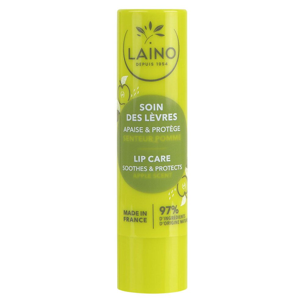 Grüner Lippenpflegestift. Aufschrift: LAINO, SOIN DES LÈVRES, APAISE & PROTÈGE, SENTEUR POMME, LIP CARE, 97% Inhaltsstoffe.