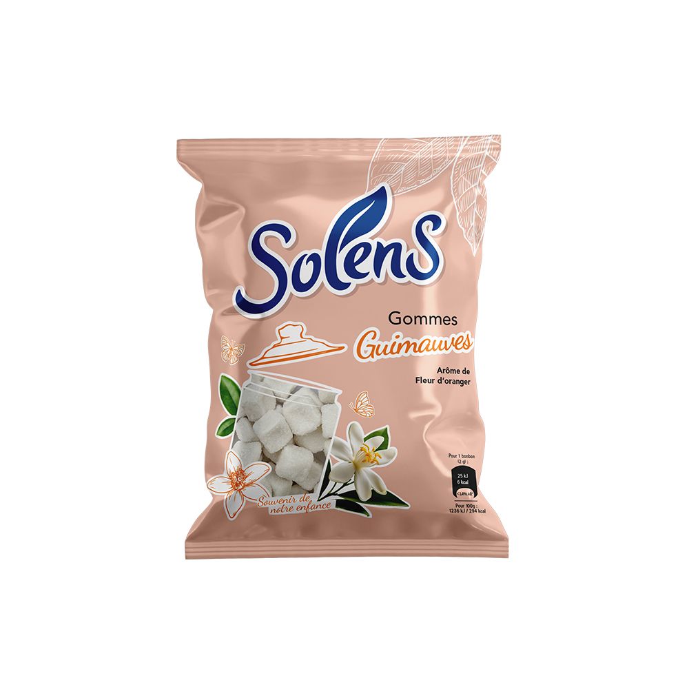 Rosa Verpackung mit Solens-Logo und Text. Abbildung von Marshmallows, Orangenblüten und dem Schriftzug "Gommes Guimauves".