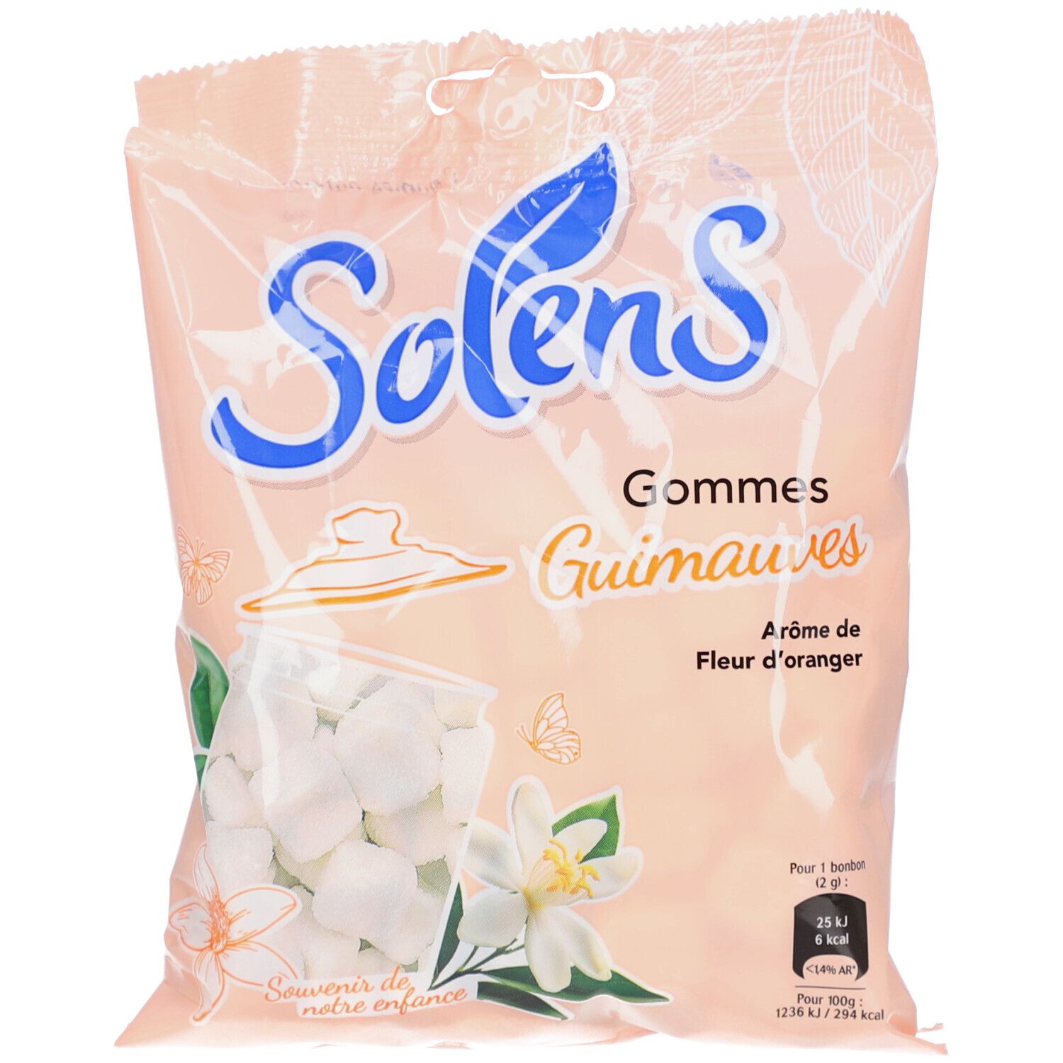 Sachet transparent SOLENS GOMMES. Guimauves blanches. Inscription: Gommes Guimauves, Arôme Fleur d'oranger. Contient 100g.
