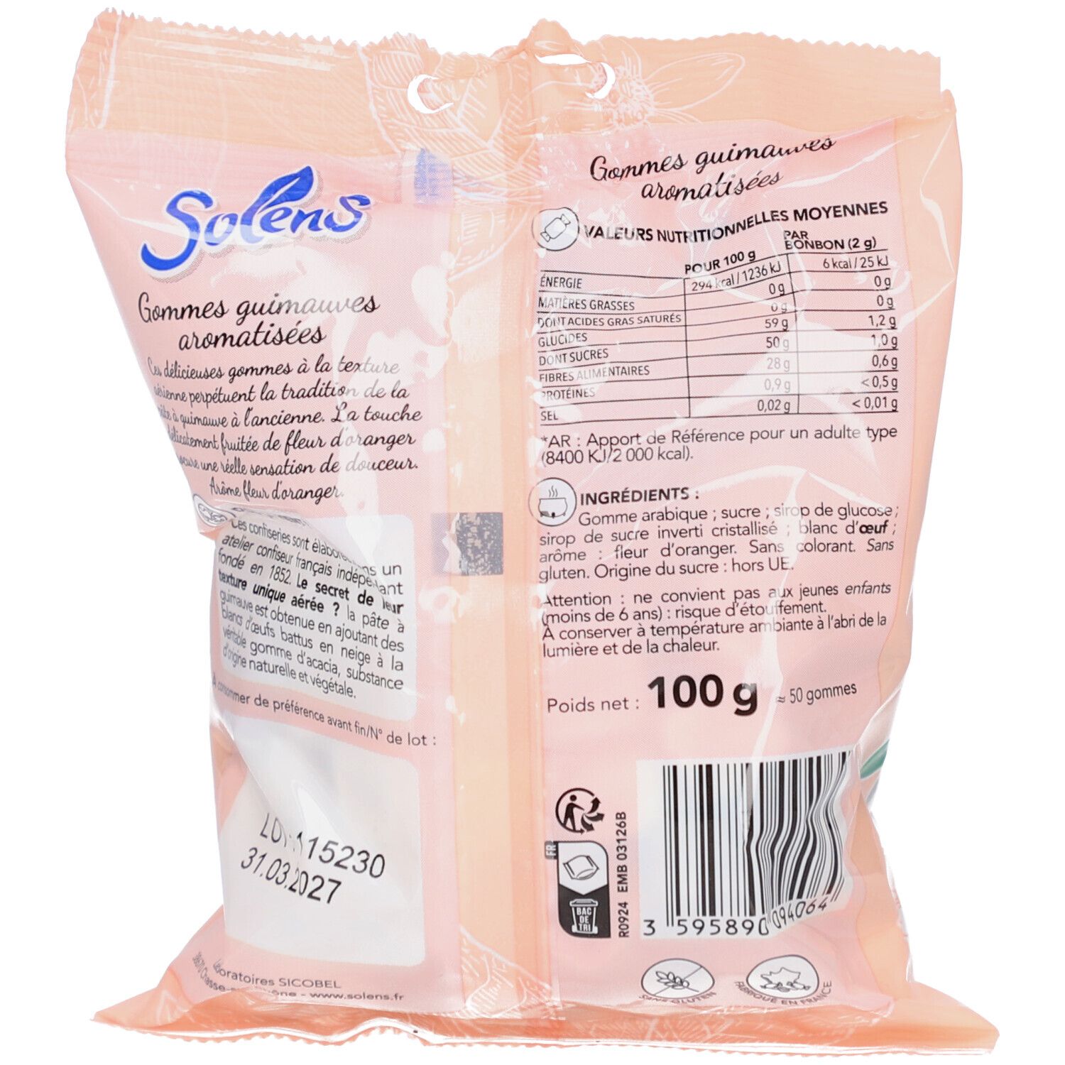 Dos du sachet SOLENS GOMMES. Texte: Gommes guimauves aromatisées. Informations nutritionnelles, ingrédients, poids net 100g, 50 gommes. Date limite.