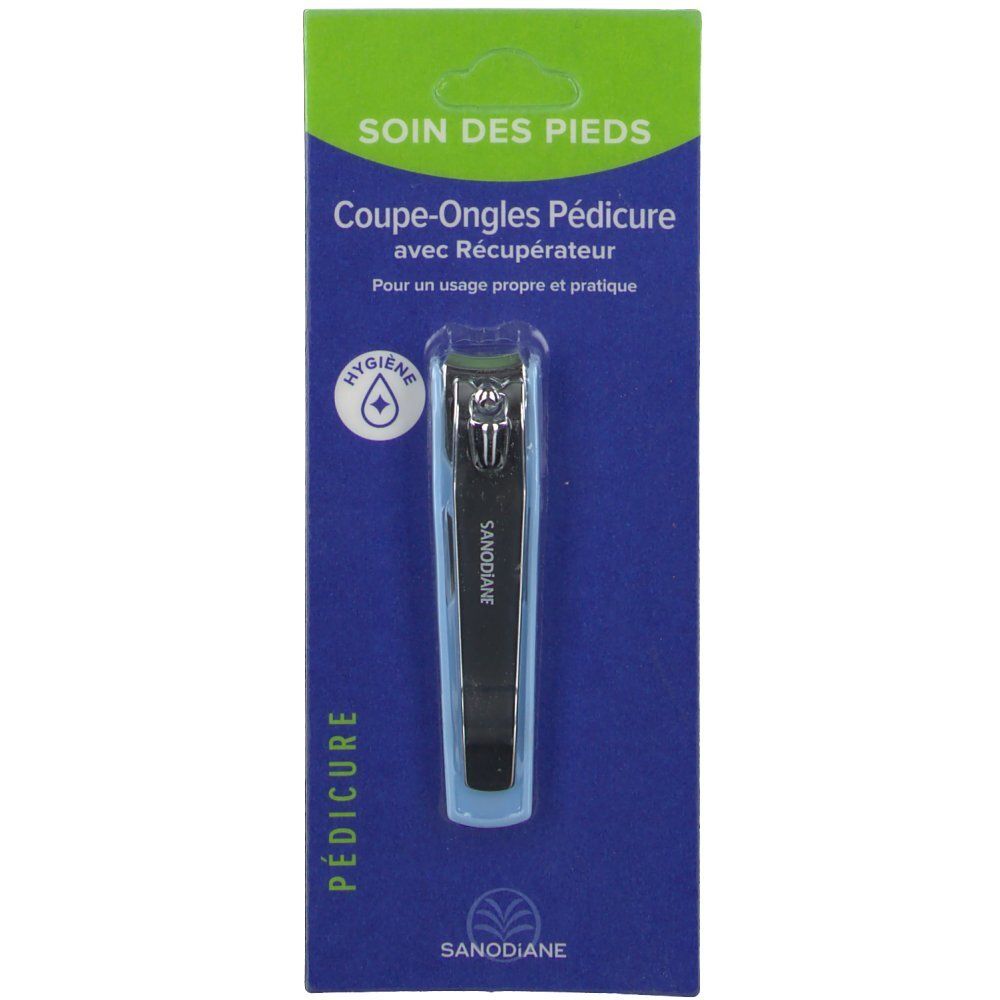 Coupe-ongles pédicure avec récupérateur. Noir, sur emballage. Marque Sanodiane. Texte: Pédicure, Soin des pieds.