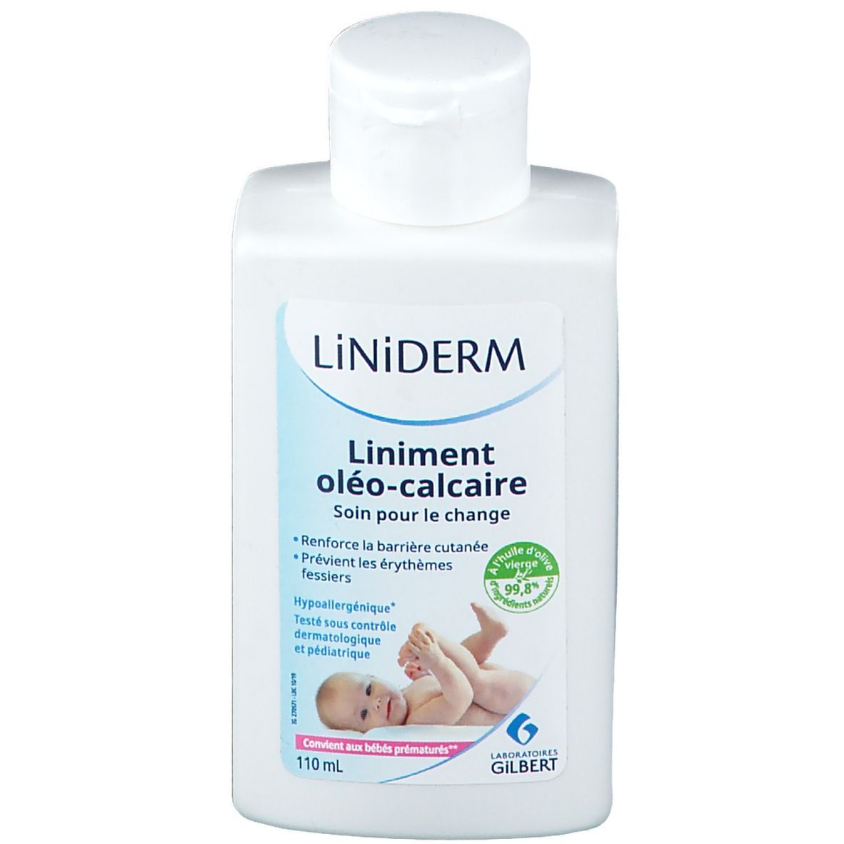 Weiße Flasche mit Produktetikett. Aufschrift: LiNiDERM, Liniment oléo-calcaire. Baby-Illustration. Mit Olivenöl. Hypoallergen.