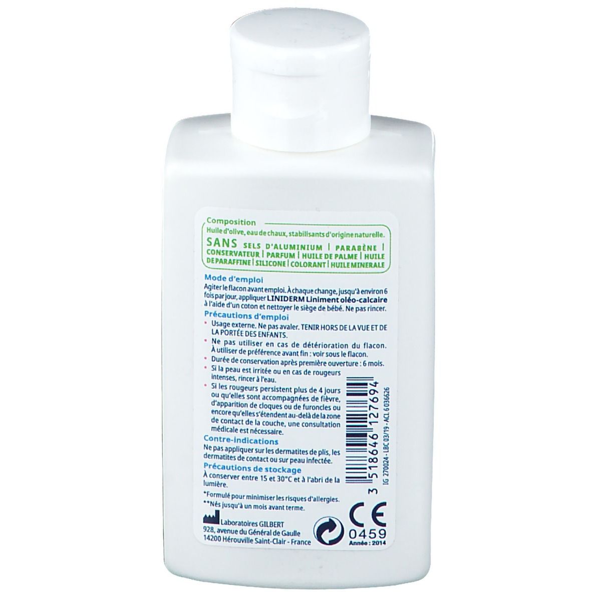 Rückseite der weißen Flasche. Text: Zusammensetzung, ohne Aluminiumsalze, Parabene, Parfüm, Mineralöl. Gebrauchsanweisung.