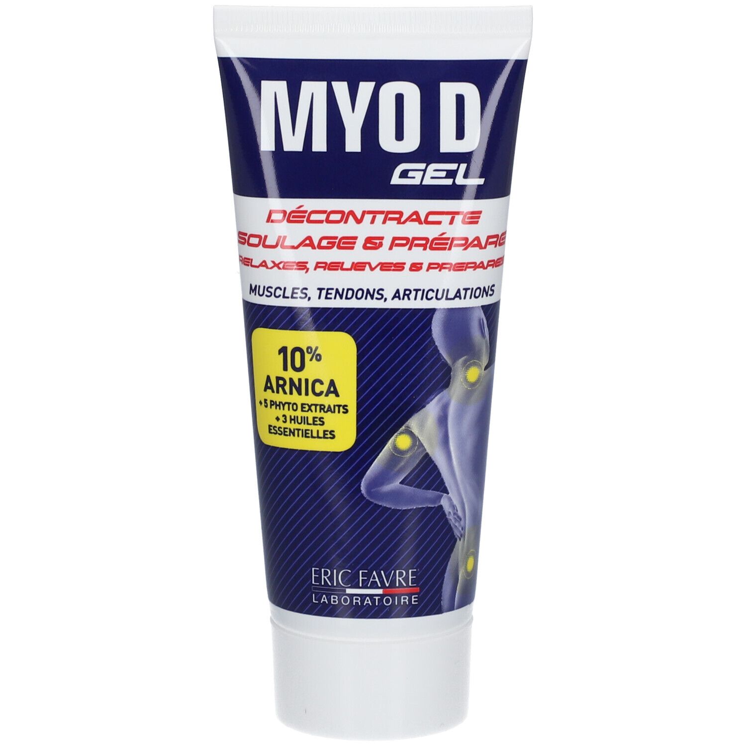 Tube mit blauer und weißer Beschriftung. Aufschrift: MYO D GEL, 10% Arnika. Abbildung eines Körpers mit gelben Markierungen.
