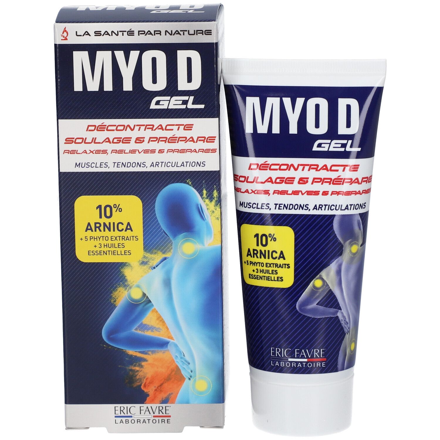 Produktverpackung und Tube. Aufschrift: MYO D GEL, 10% Arnika. Illustration eines Körpers mit gelben Markierungen. Marke: ERIC FAVRE.