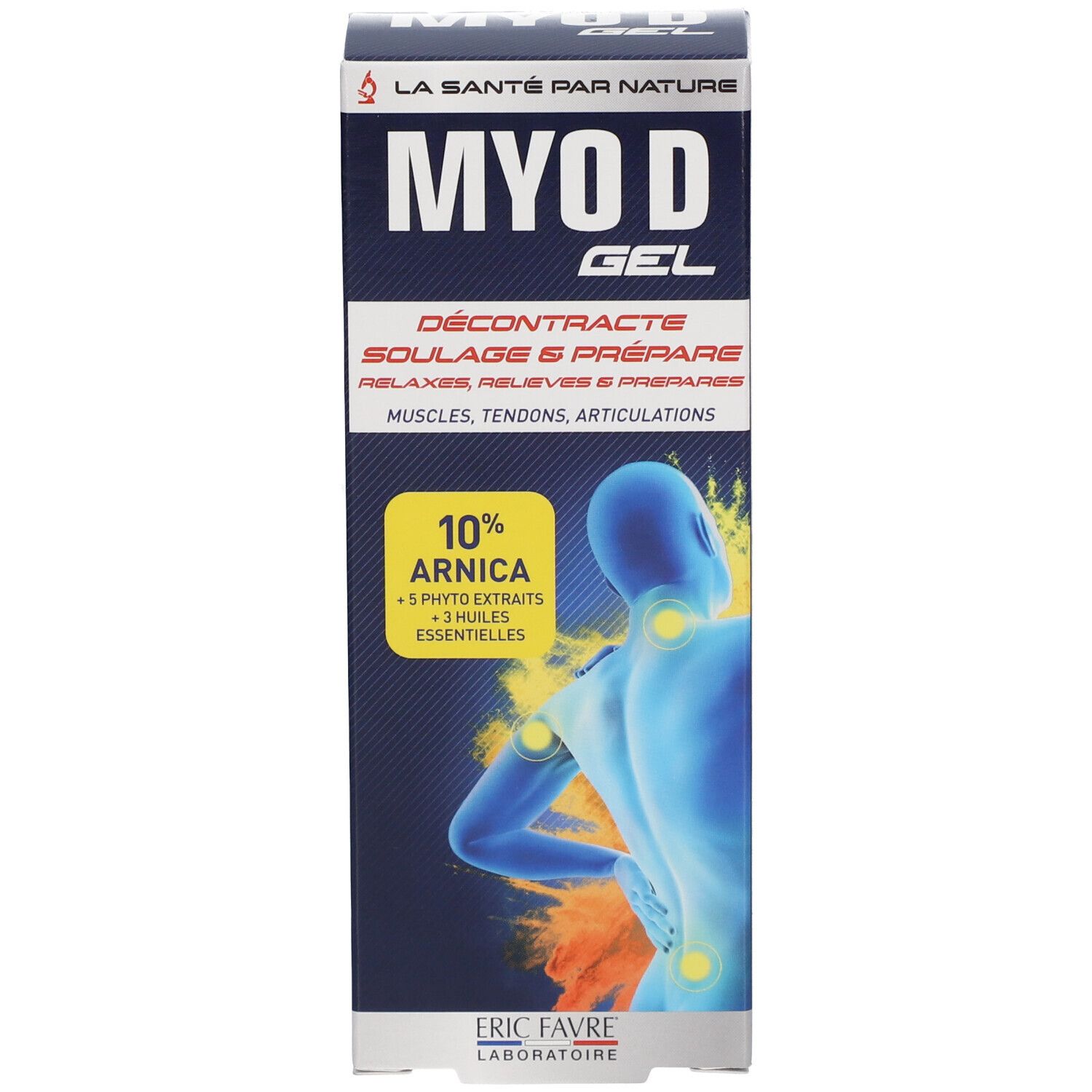 Produktverpackung. Aufschrift: MYO D GEL, 10% Arnika. Illustration eines Körpers mit gelben Markierungen. Marke: ERIC FAVRE.
