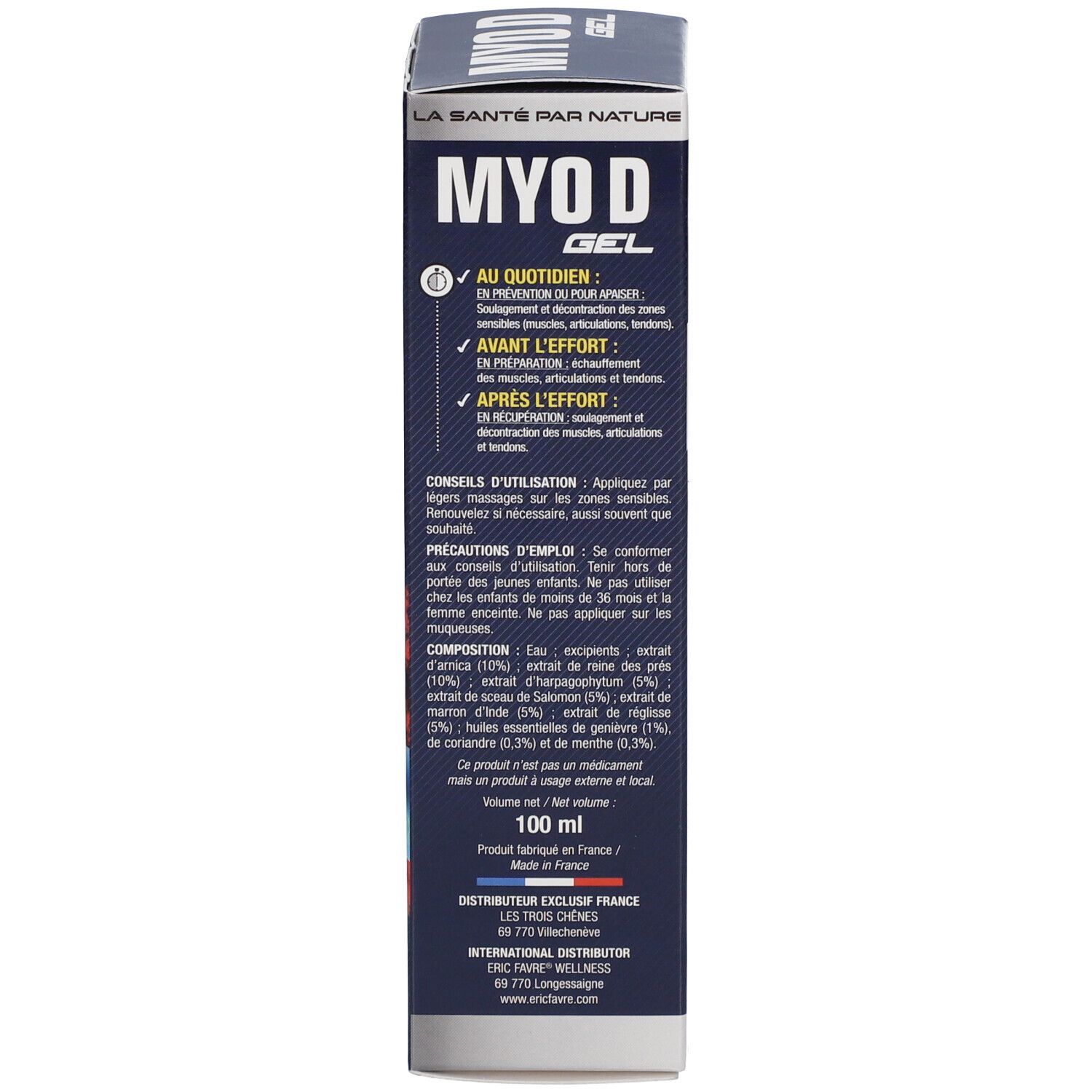 Produktverpackung, Rückseite. Text über Anwendung, Vorsichtsmaßnahmen und Inhaltsstoffe. Volumen: 100 ml. Hergestellt in Frankreich.