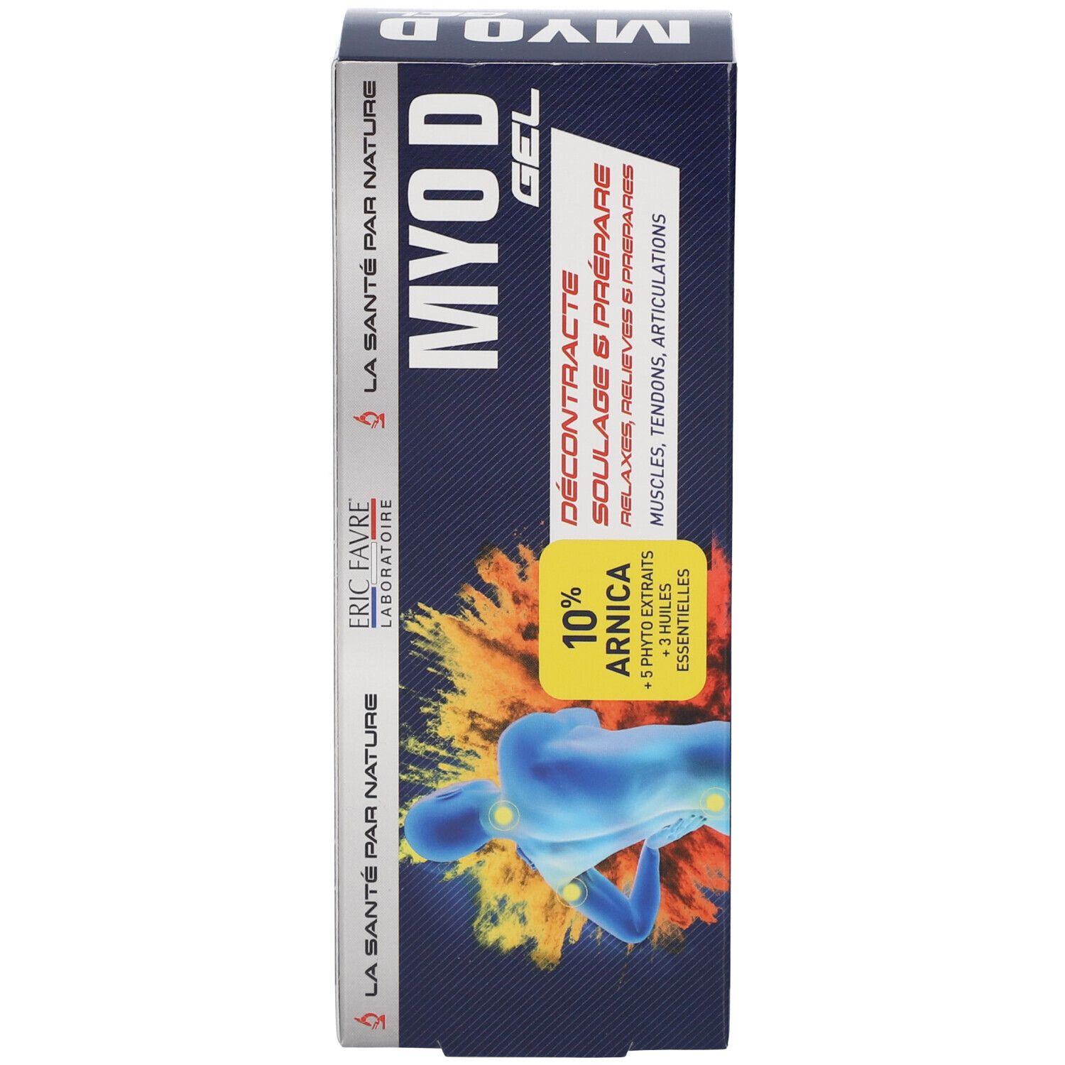Produktverpackung. Aufschrift: MYO D GEL, 10% Arnika. Illustration eines Körpers mit gelben Markierungen. Marke: ERIC FAVRE.