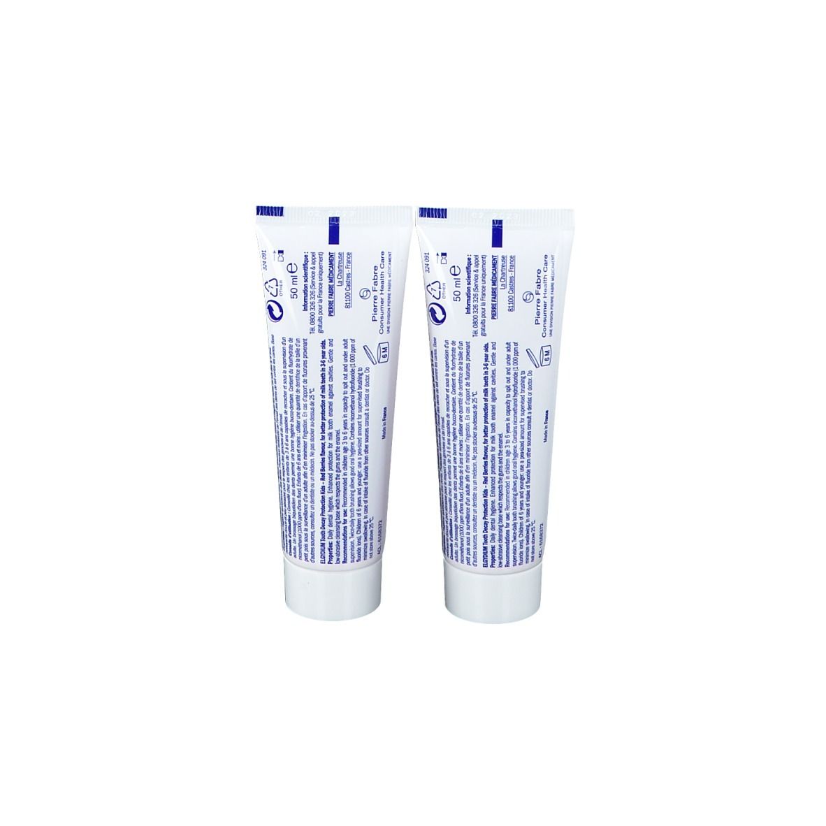 Deux tubes de dentifrice. Dos avec texte et logos. Blanc avec texte bleu.