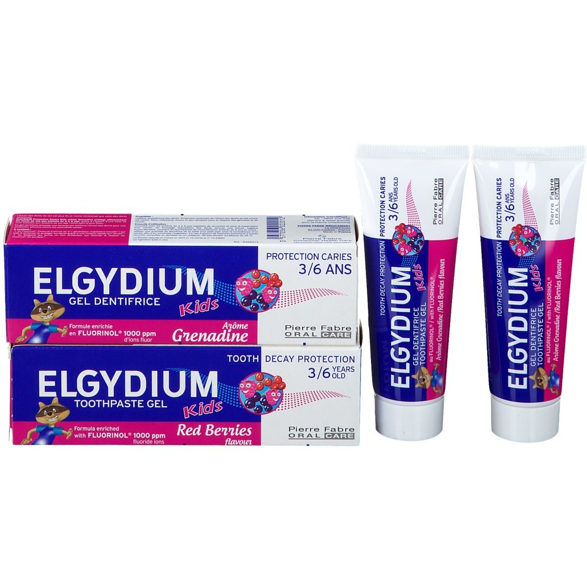 Paquets et tubes de dentifrice. Emballage: bleu-rose. Tubes: blanc, rose-bleu. Inscription: ELGYDIUM kids.