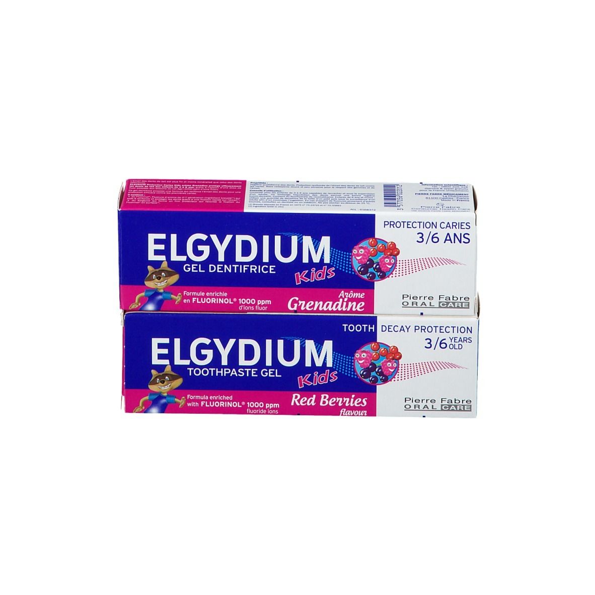 Deux paquets de dentifrice. Bleu-rose. Inscription: ELGYDIUM kids, Grenadine et Red Berries.