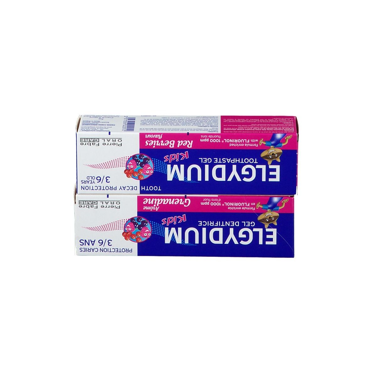 Deux paquets de dentifrice. Bleu-rose. Inscription: ELGYDIUM kids, Grenadine et Red Berries.