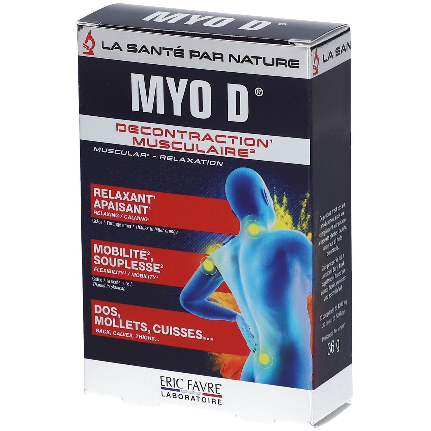 Boîte "MYO D" avec texte "Décontraction musculaire". Illustration dos humain. Marque ERIC FAVRE. Contenu: 36g.