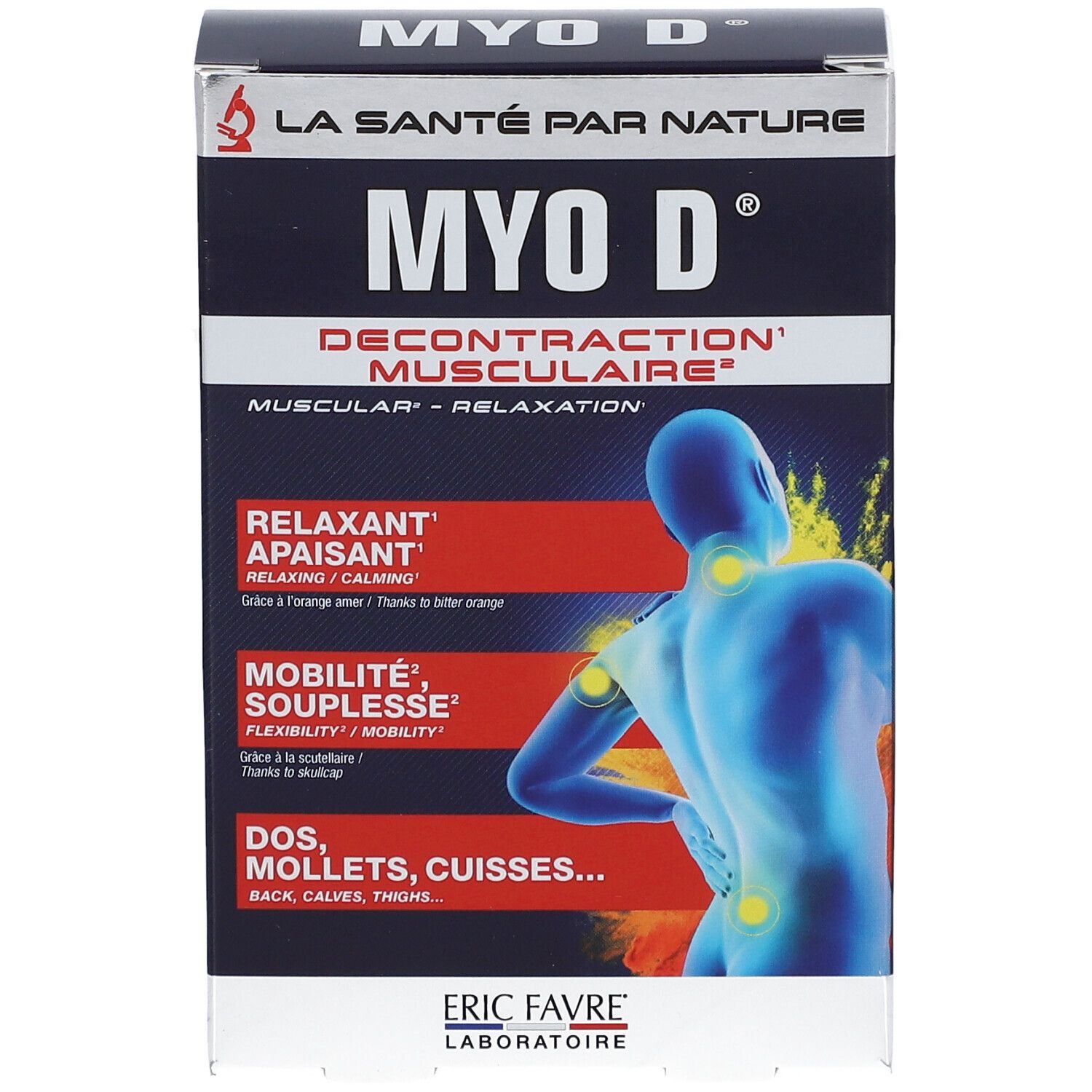 Boîte "MYO D" avec texte "Décontraction musculaire". Illustration dos humain. Marque ERIC FAVRE.