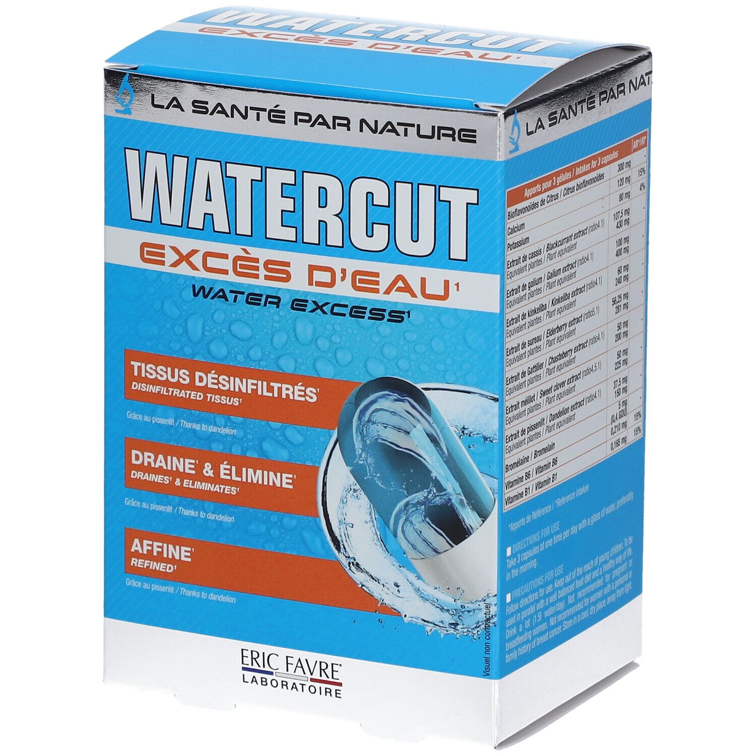 Blau-weiße Schachtel mit "WATERCUT" und "EXCÈS D'EAU" Schriftzug. Enthält Informationen zu Inhaltsstoffen und dem Hersteller ERIC FAVRE.