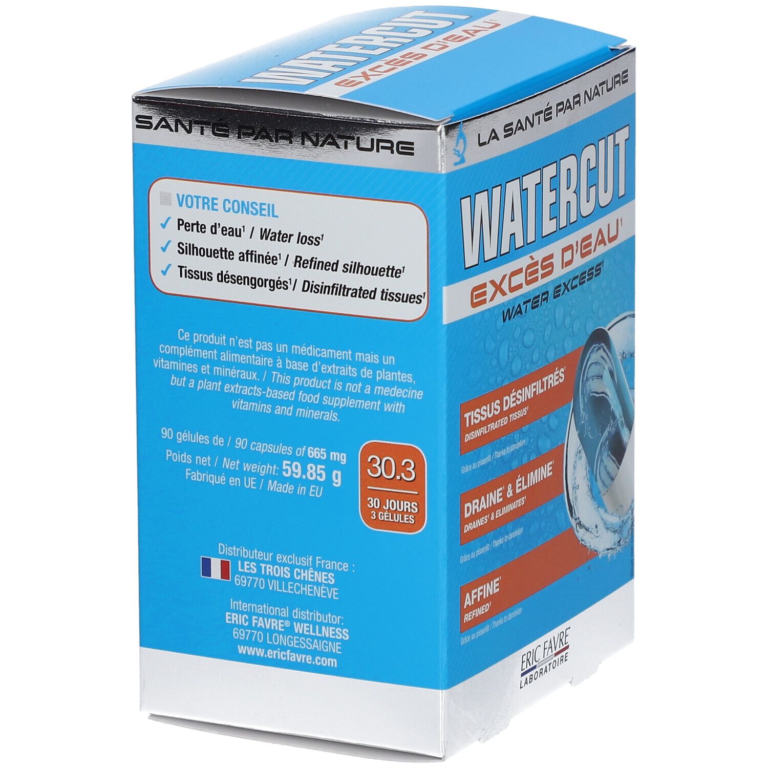 Schachtel mit "WATERCUT". Enthält 90 Kapseln. Aufdruck "30.3" und "30 jours 3 gélules". Herstellerinformationen.