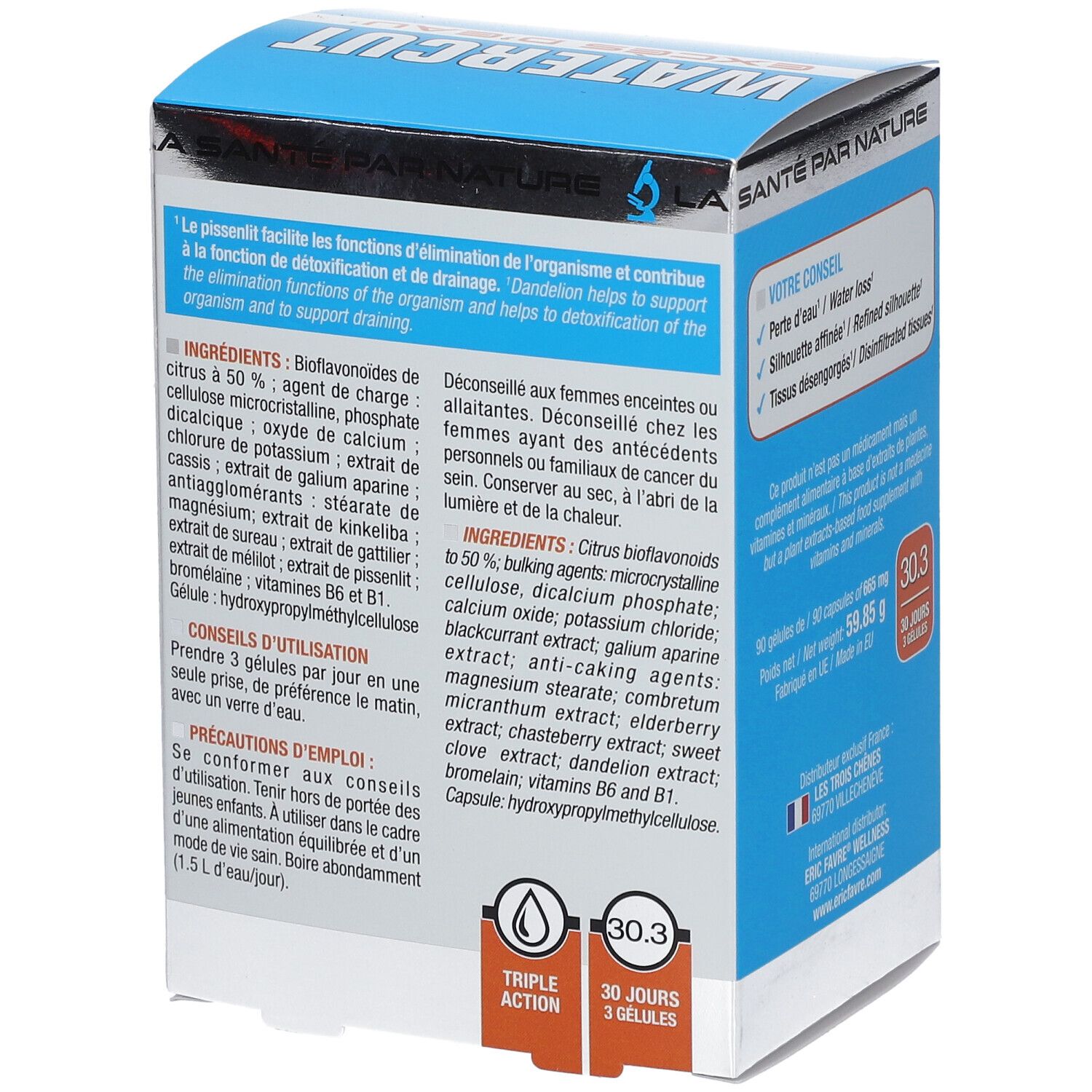 Rückseite der "WATERCUT"-Schachtel. Enthält Informationen zu Inhaltsstoffen und Anwendung. "30.3" und "30 jours 3 gélules" sichtbar.