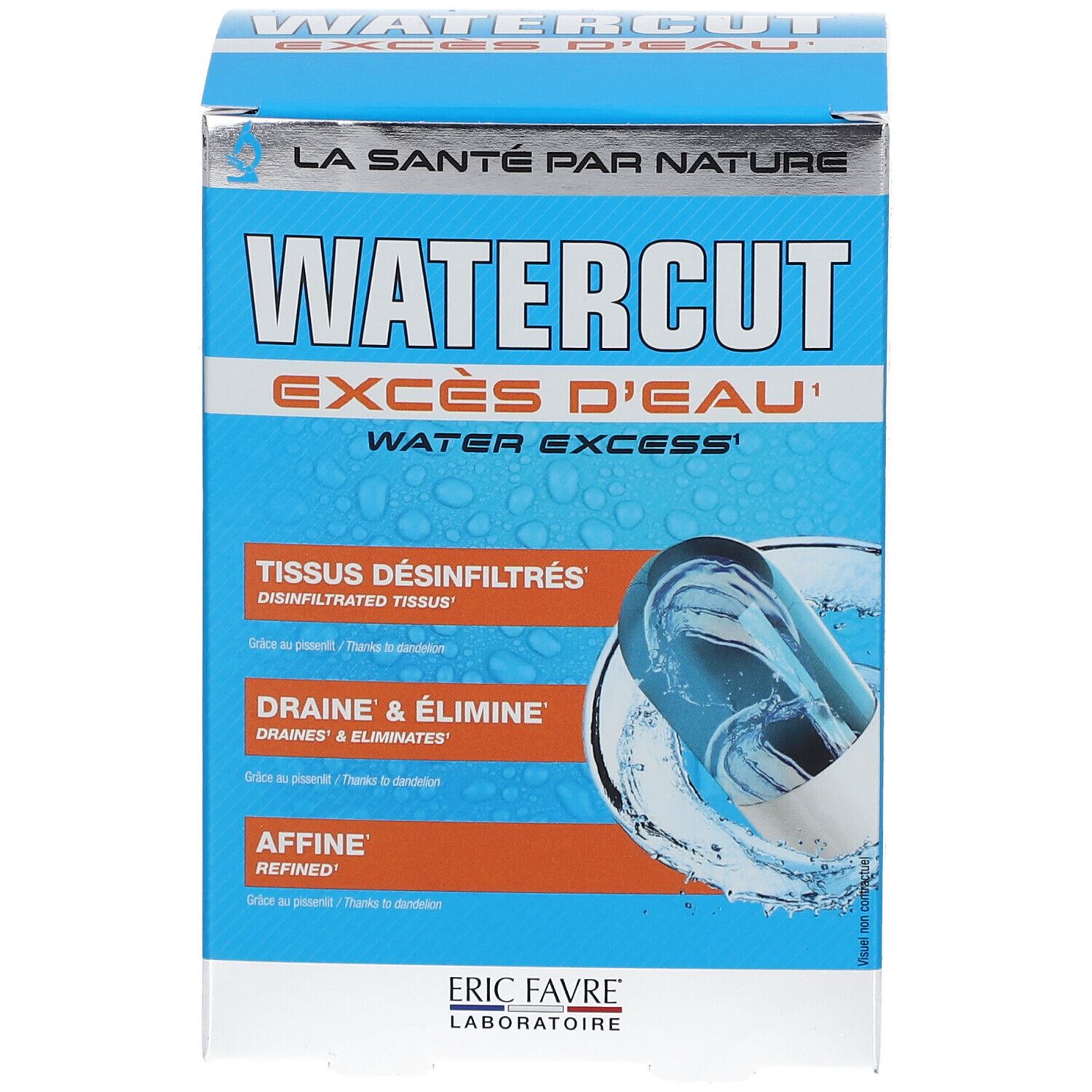 Blau-weiße Schachtel mit "WATERCUT" und "EXCÈS D'EAU" Schriftzug. Marke ERIC FAVRE sichtbar. Produktabbildung.