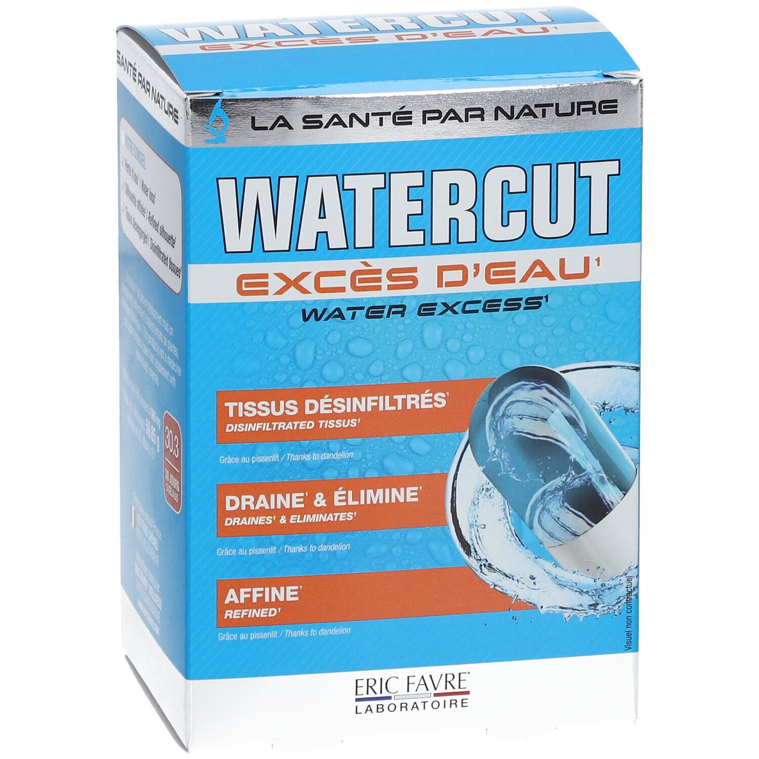 Blau-weiße Schachtel mit "WATERCUT" und "EXCÈS D'EAU" Schriftzug. Marke ERIC FAVRE sichtbar. Produktabbildung.