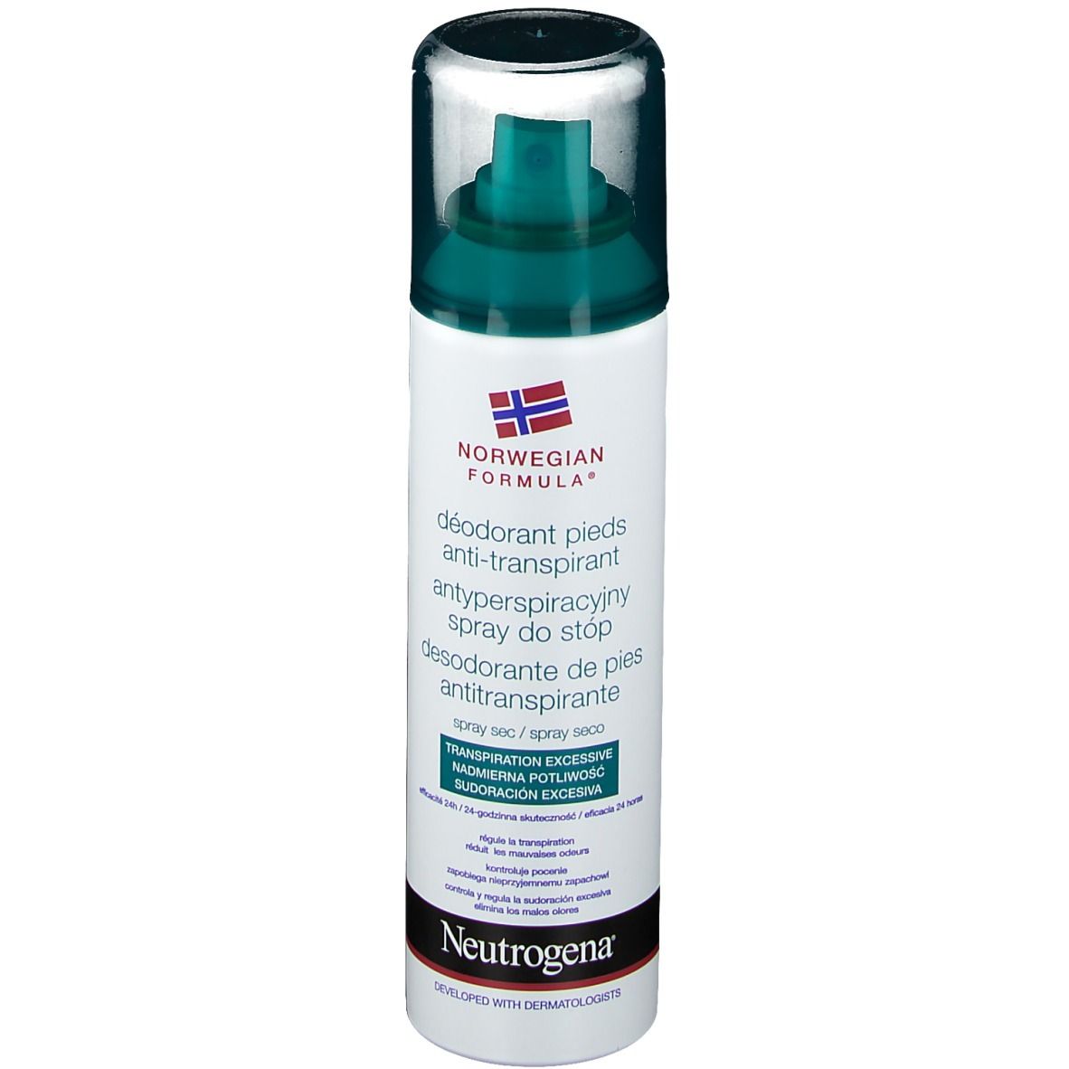 Spray déodorant pour les pieds avec bouchon. Étiquette avec texte et logo. Marque : Neutrogena.