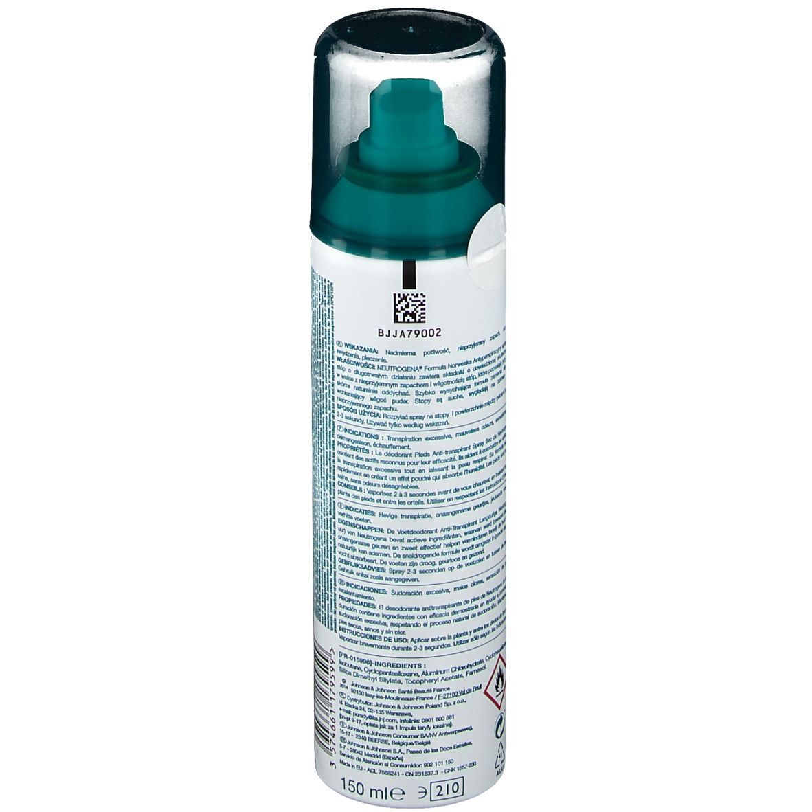 Dos du spray déodorant pour les pieds. Étiquette avec texte, code-barres et symboles d'avertissement. Marque : Neutrogena.