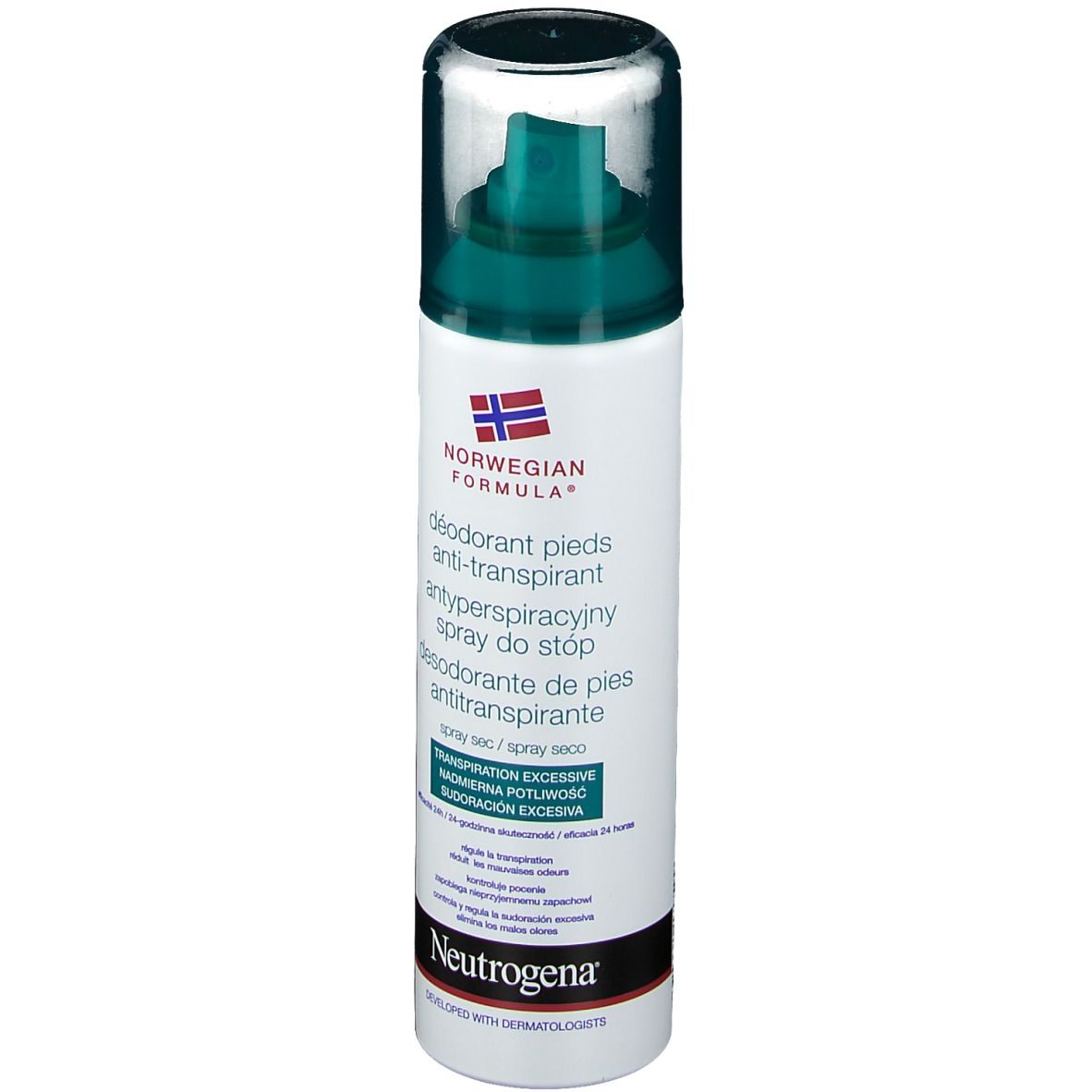 Spray déodorant pour les pieds avec bouchon. Étiquette avec texte et logo. Marque : Neutrogena.