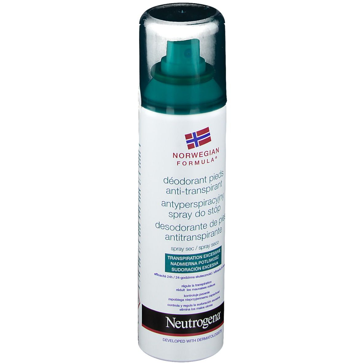 Spray déodorant pour les pieds avec bouchon. Étiquette avec texte et logo. Marque : Neutrogena.