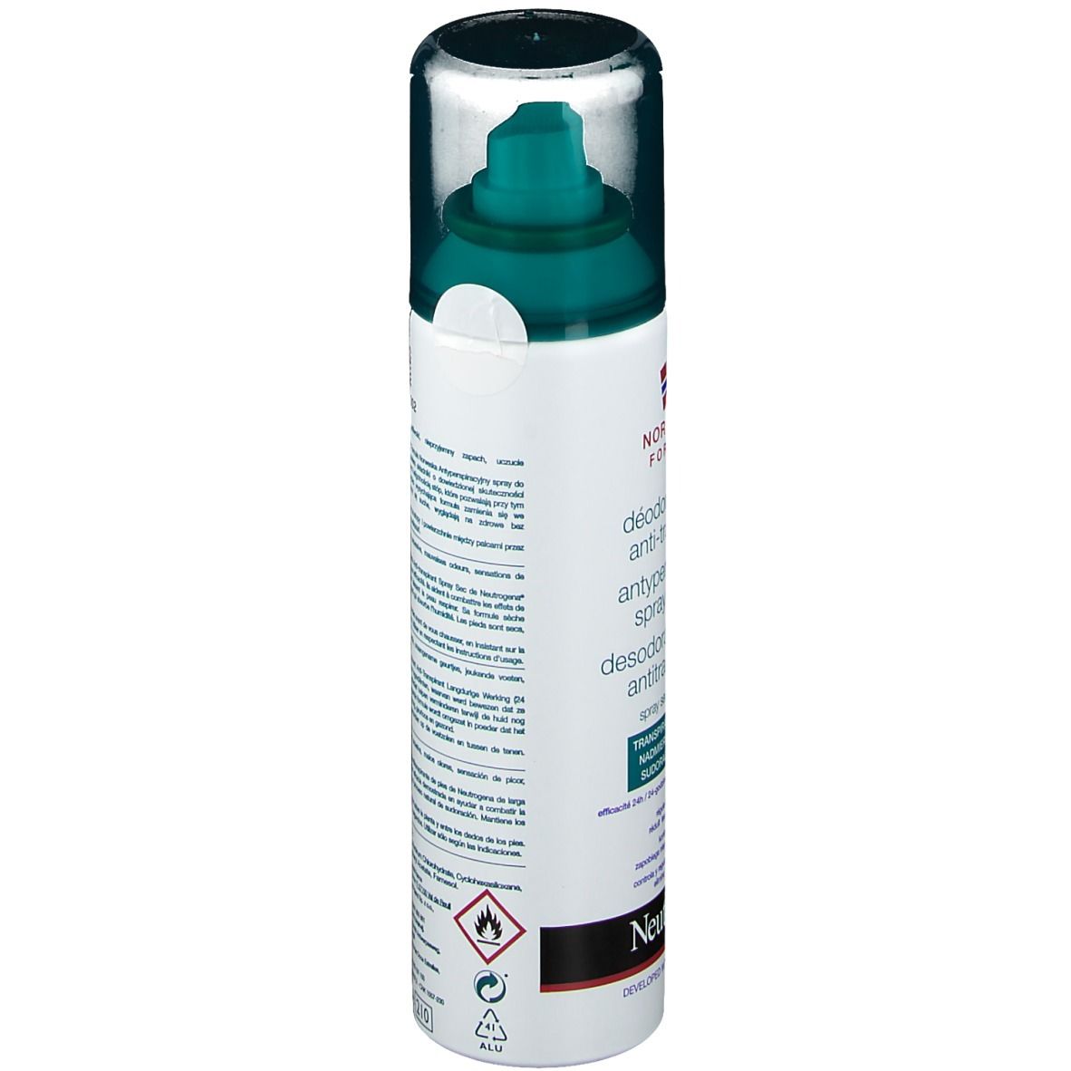 Dos du spray déodorant pour les pieds. Étiquette avec texte, code-barres et symboles d'avertissement. Marque : Neutrogena.