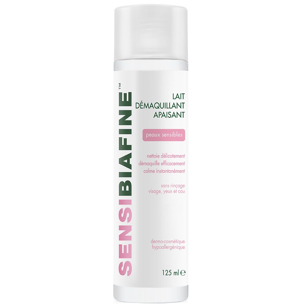 Flacon blanc SensiBiafine, texte rose et vert. Lait démaquillant apaisant pour peaux sensibles. Contient 125 ml.