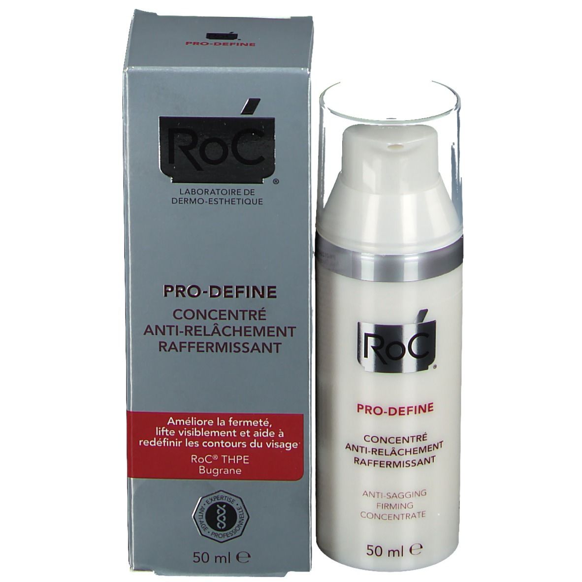 Emballage et flacon. Boîte grise avec flacon blanc. Inscription: RoC PRO-DEFINE, Concentré Anti-Relâchement Raffermissant, 50 ml.