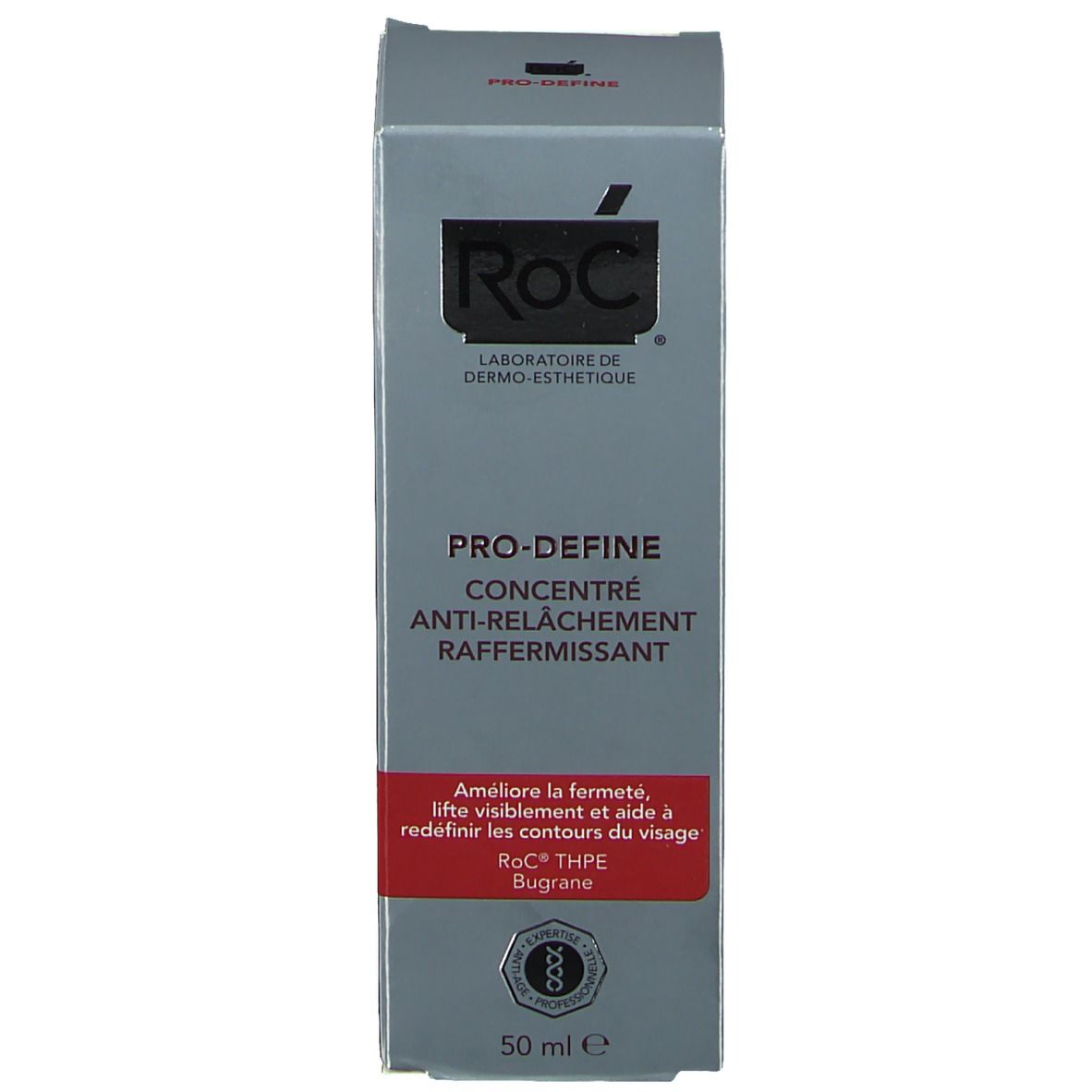 Emballage gris. Inscription: RoC PRO-DEFINE, Concentré Anti-Relâchement Raffermissant, 50 ml. Logo et informations produit.