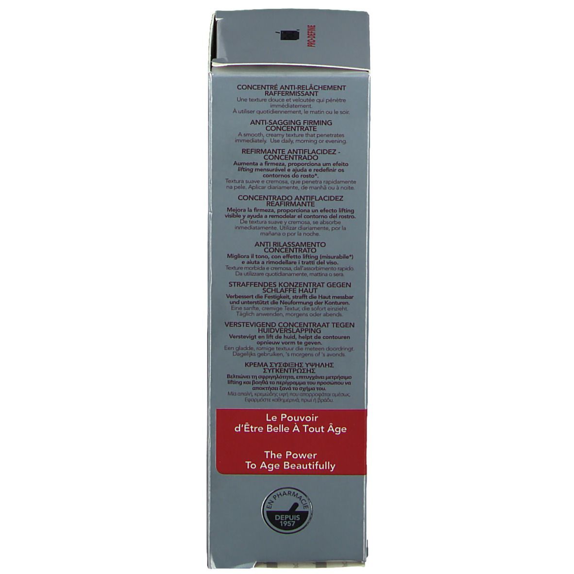 Dos de l'emballage gris. Description du produit en plusieurs langues. Logo et slogan: Le Pouvoir d'Être Belle À Tout Âge.