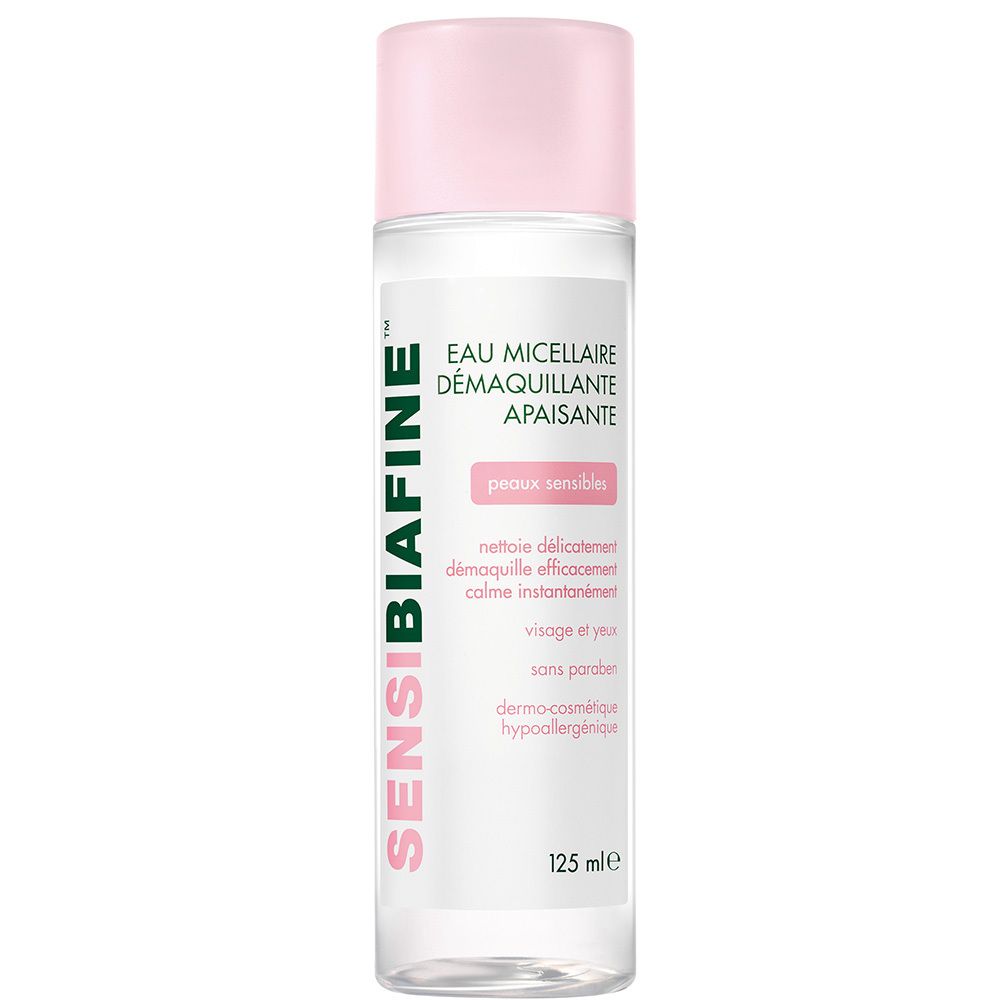 SensiBiafine Mizellen Reinigung. Flasche mit rosa Deckel. Text: Eau Micellaire Démaquillante Apaisante, peaux sensibles, 125 ml.