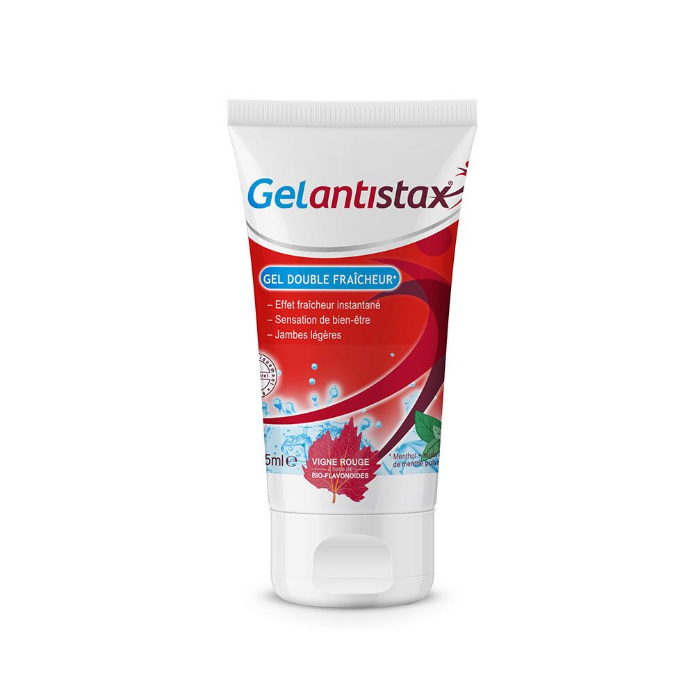 Weiße Tube mit roter und blauer Grafik. Aufschrift: Gelantistax Gel Double Fraîcheur. Enthält rotes Weinlaub und Menthol.
